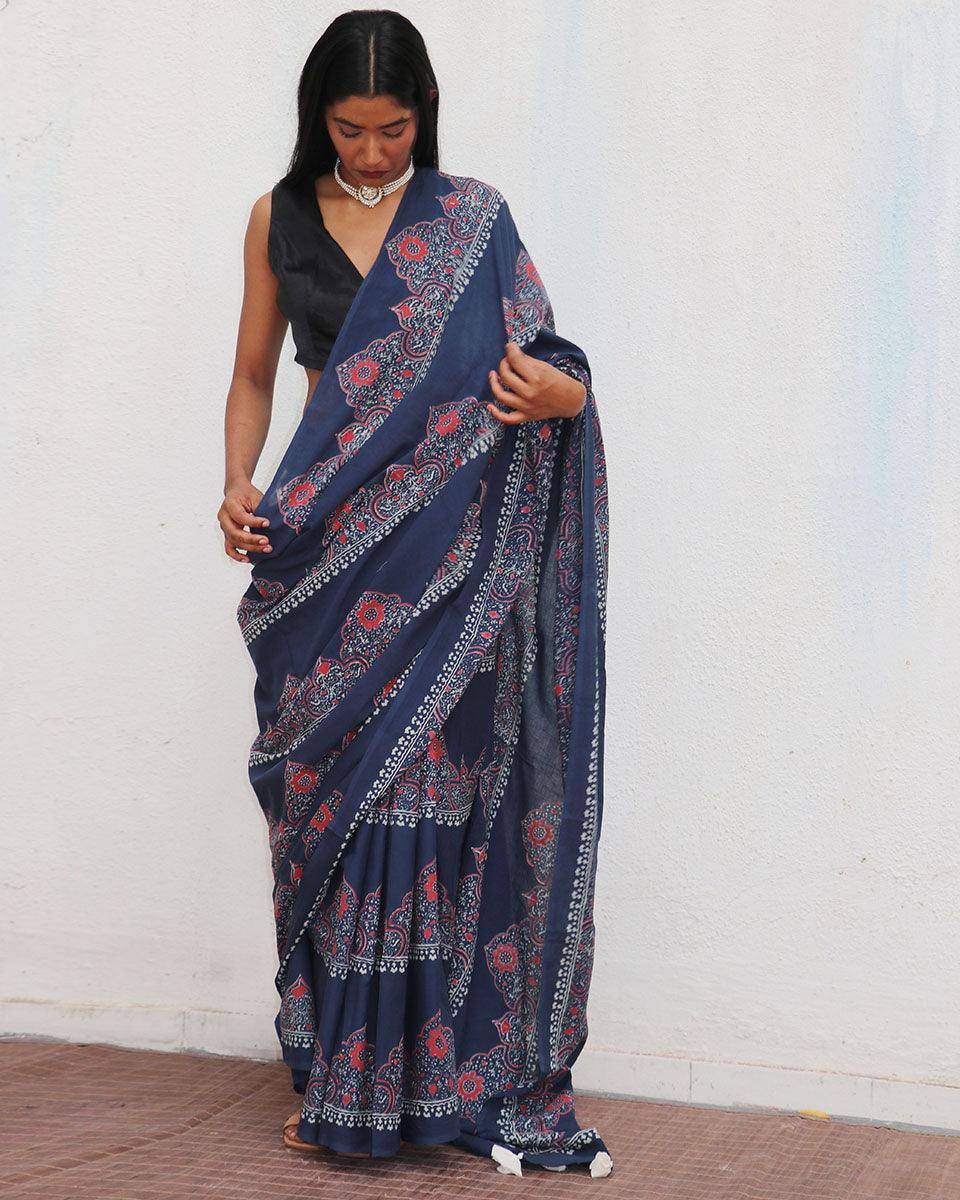 Blue Handblockprinted Cotton Saree - Fmtm
