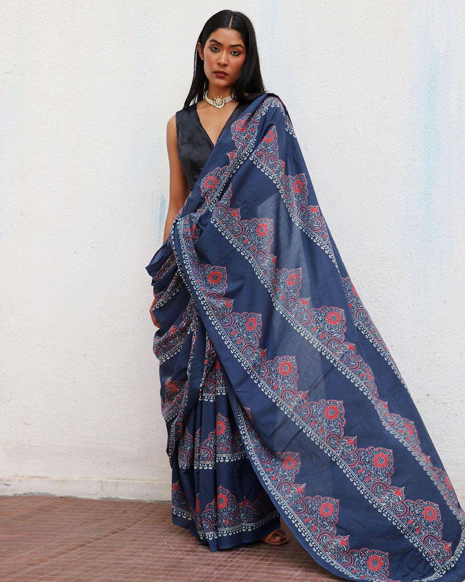 Blue Handblockprinted Cotton Saree - Fmtm