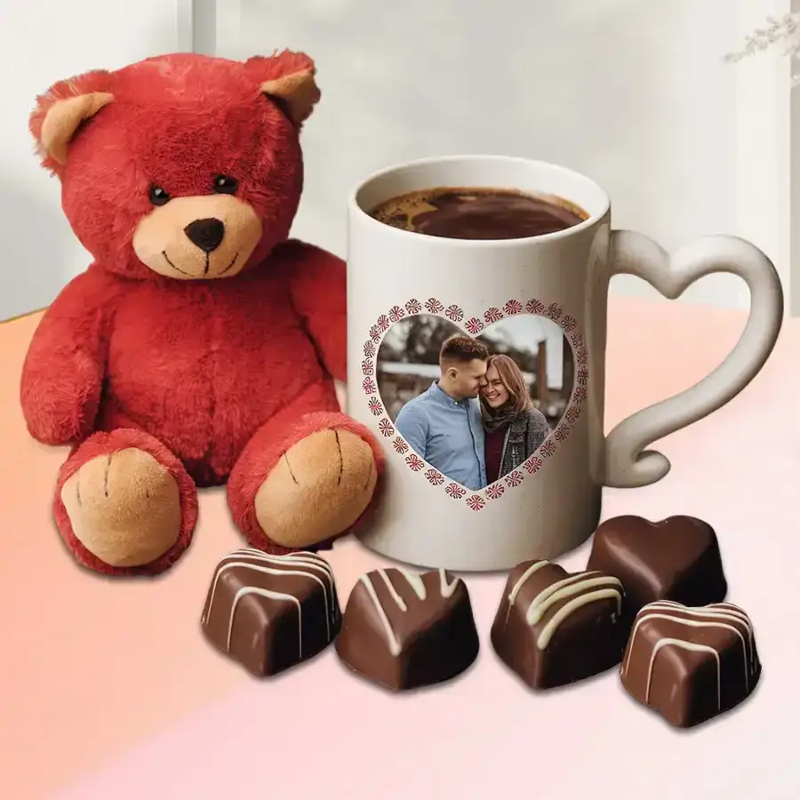 Stunning Personalized Photo Mug with Heart Chocolate N Red Teddy