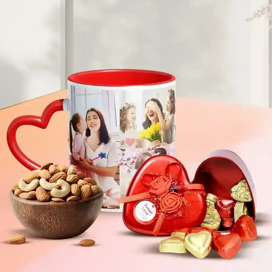 Mesmerizing Personalized Photo Mug n Heart Chocolates with Dry Fruits