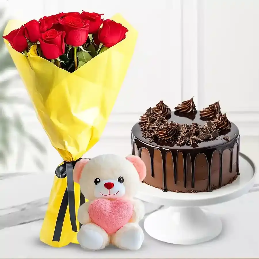 Chocolate Cake with Roses & Teddy