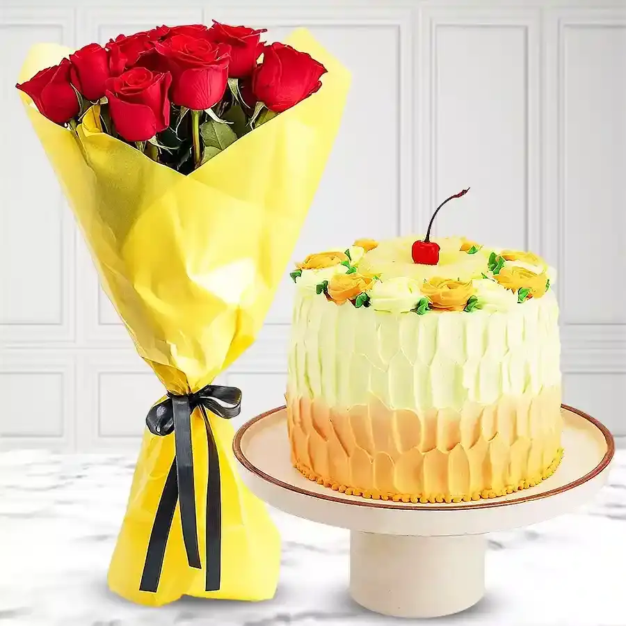 Radiant Pineapple Cake & Roses Bundle