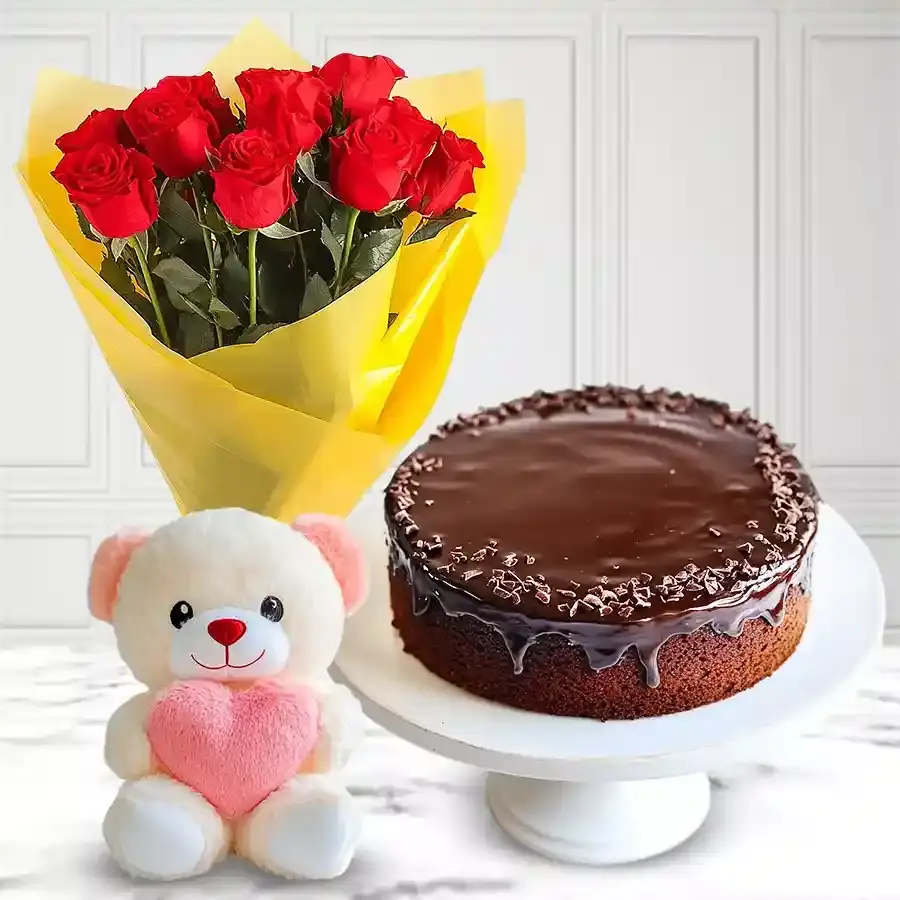 Chocolate Cake, Teddy and Roses Surprise