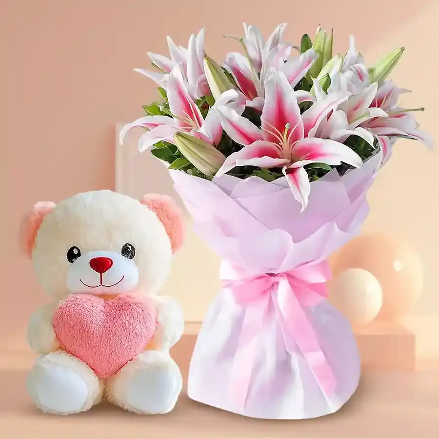 Adorable Teddy & Pink Lilies Delight