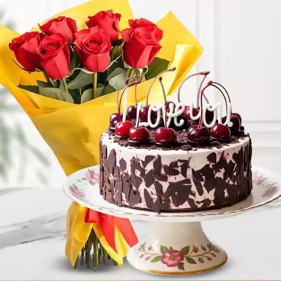 Passionate Red Roses and Cake Delight