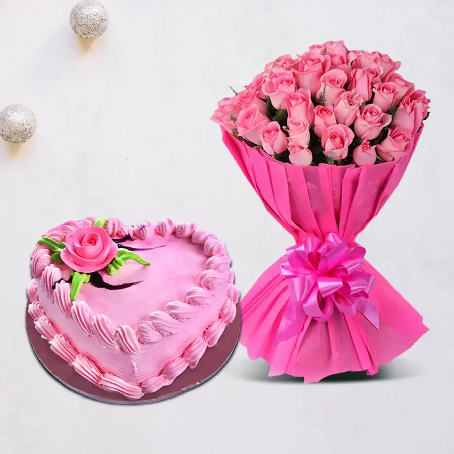 Stunning Pink Roses & Strawberry Cake