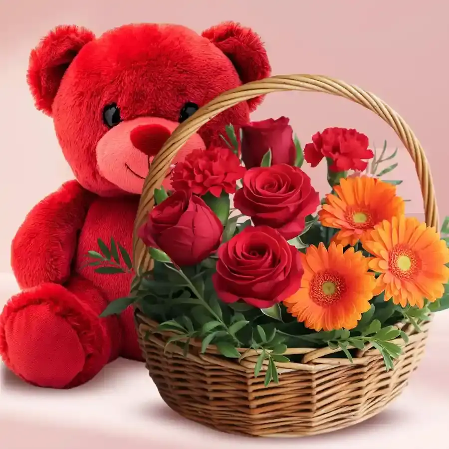 Enchanting Floral Basket with Teddy