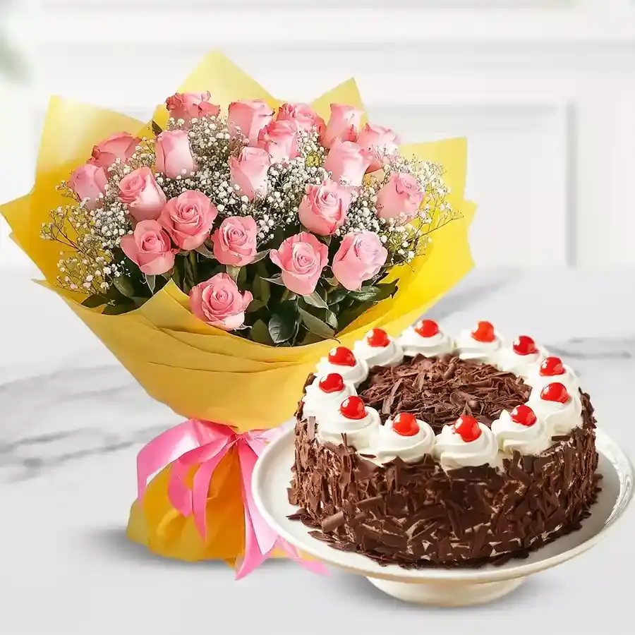 Elegant Pink Roses with Black Forest Cake