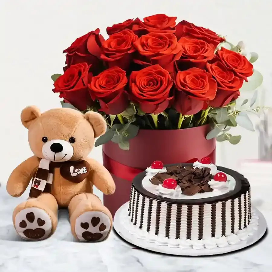 Sweet Roses, Cake & Cuddly Teddy