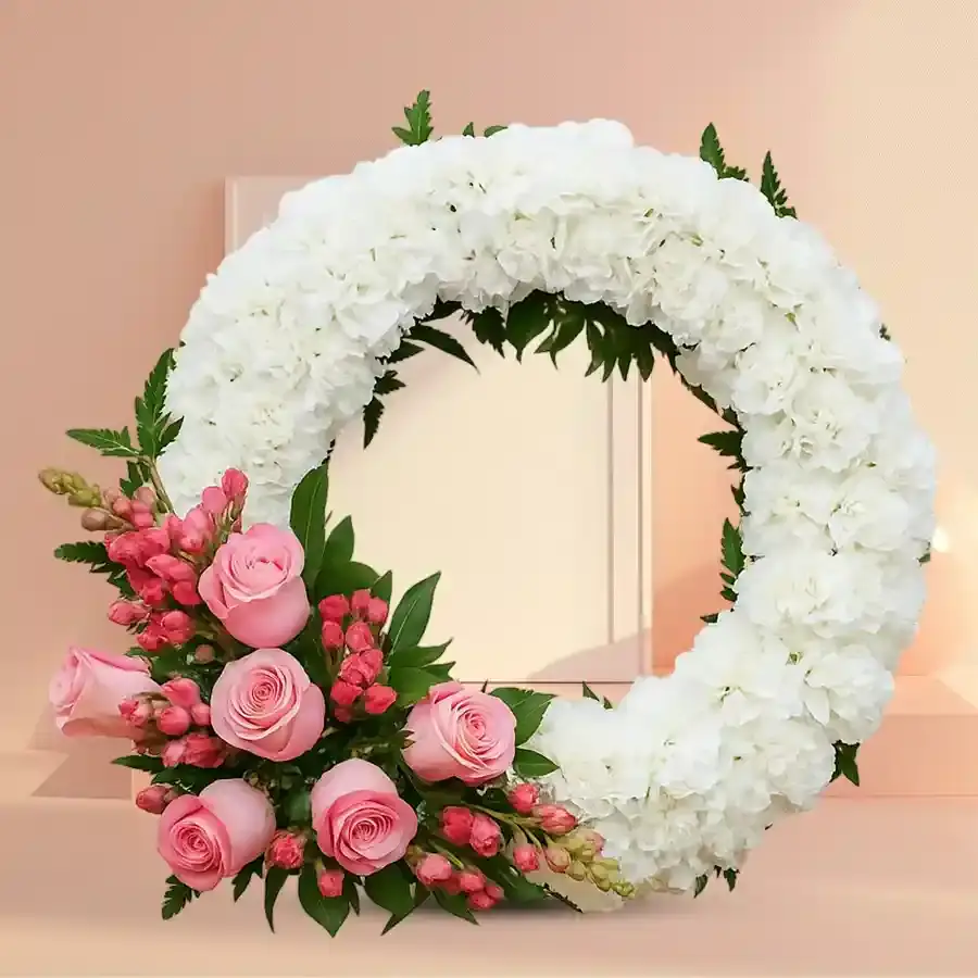 Heartfelt Pink Rose and White Carnation Wreath