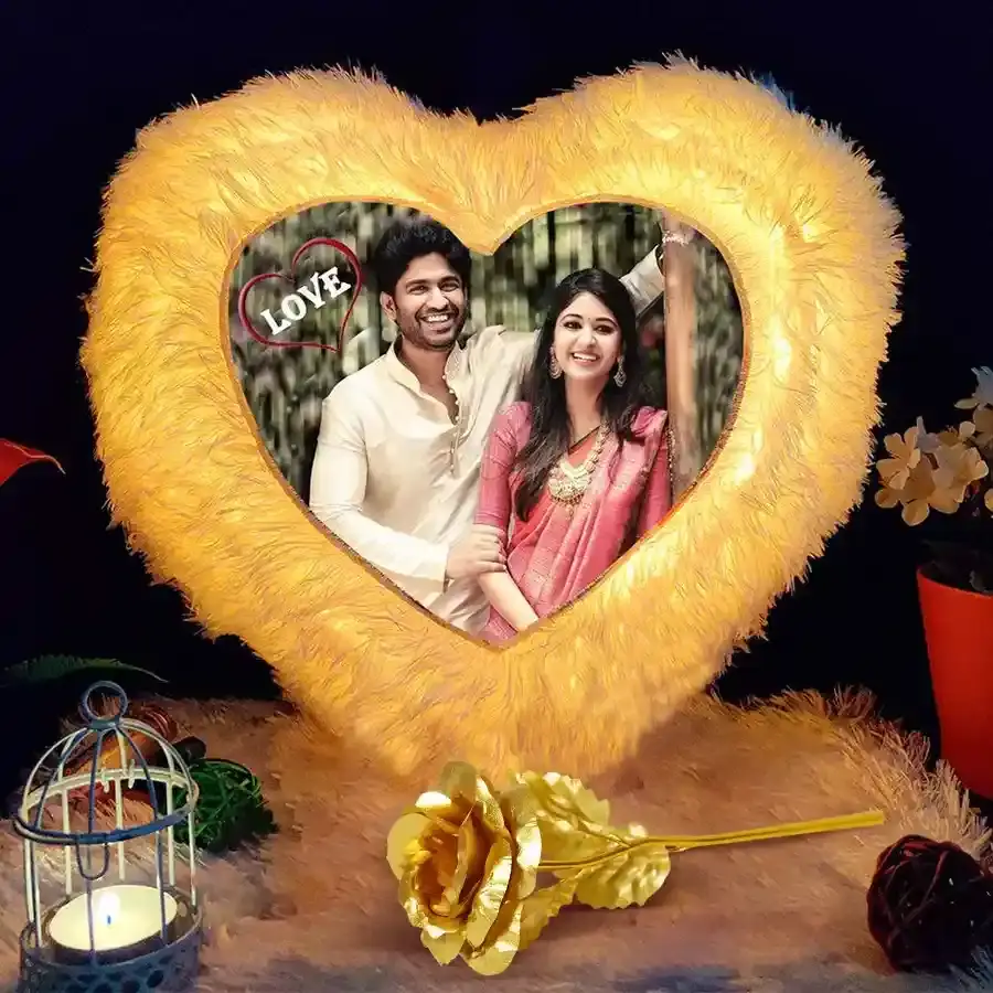 Personalized Heart Shape LED Cushion N Golden Rose Combo for Karwa Chauth