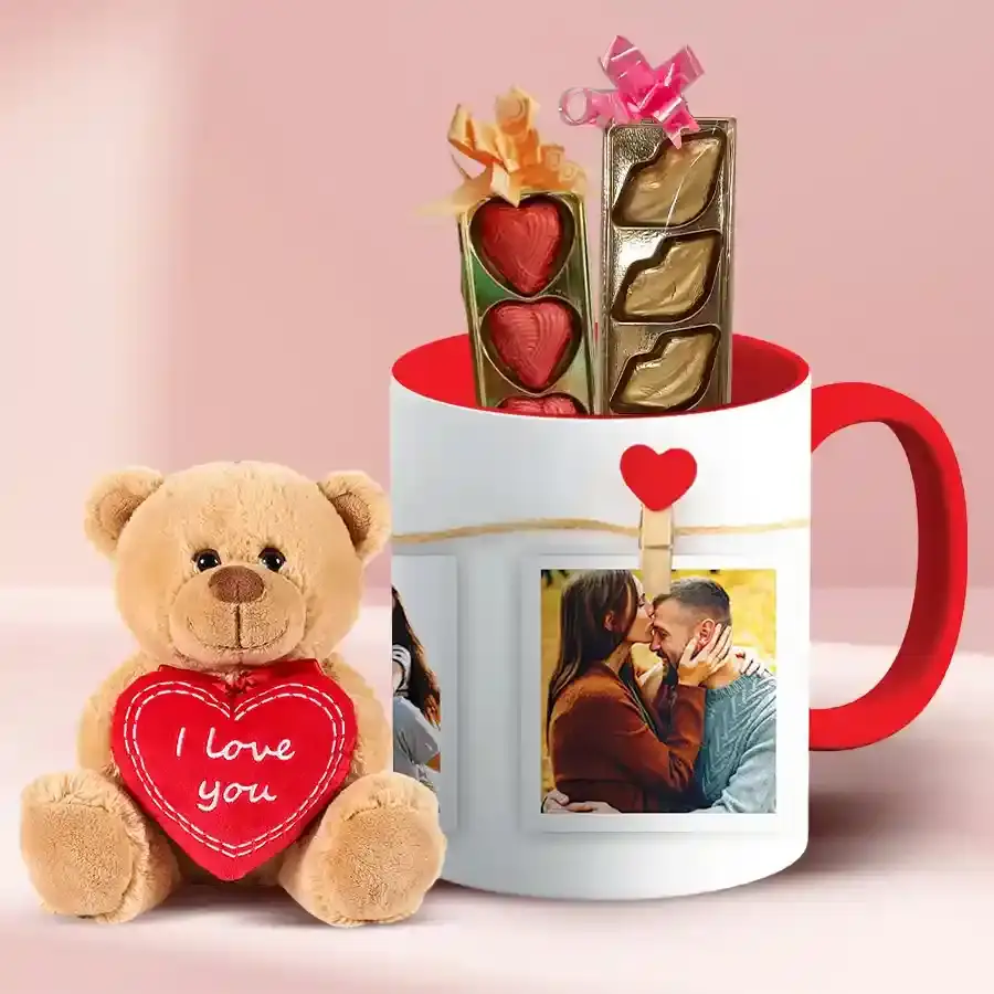 Marvelous Personalized Photo Mug Chocolates n Teddy Combo for Karwa Chauth
