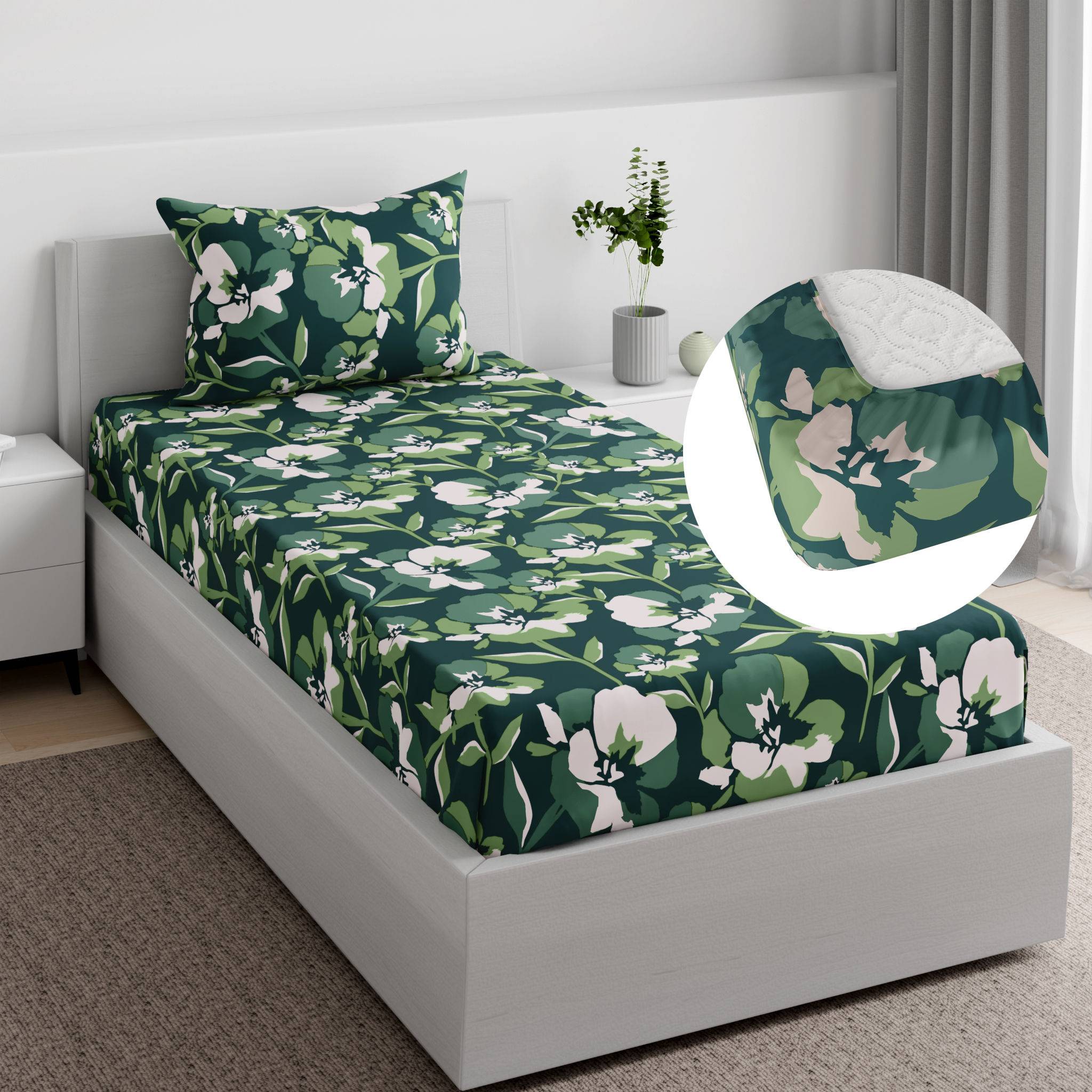 Essentials 100% Cotton Super Soft Fitted Bedsheet With 1 Pillow Cover | Iris Green Single, 72" x 35", Iris Green | 1.83m x 89cm (72x35 inch)