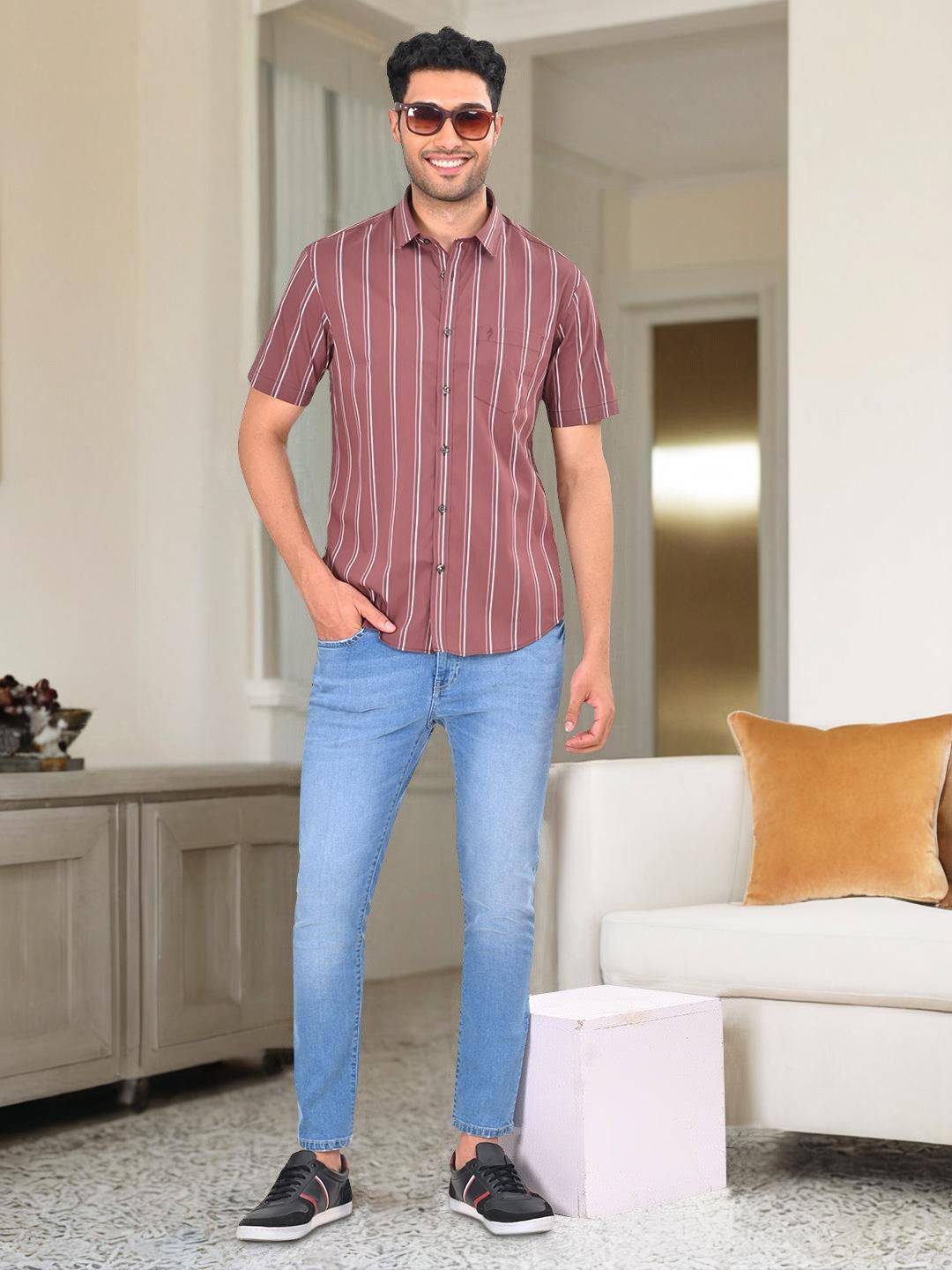 Men Striped Half Sleeve Cotton Blend Shirt