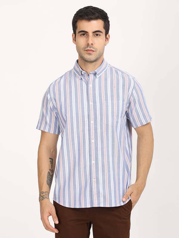 Men Stripes Half Sleeve Cotton Shirt