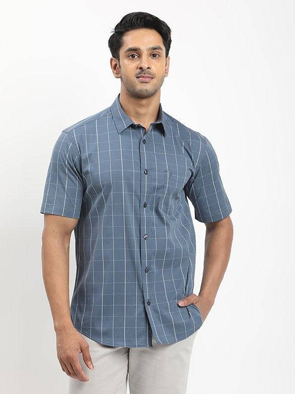 Men Checked Half Sleeve Polyester Stretch Shirt