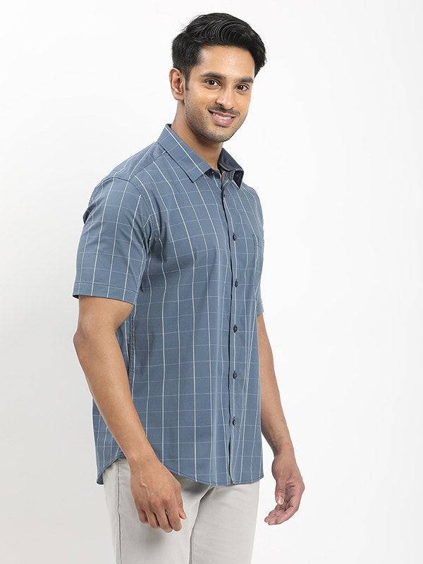 Men Checked Half Sleeve Polyester Stretch Shirt
