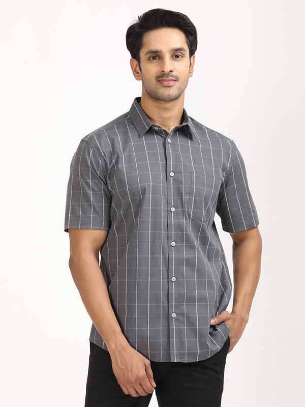 Men Checked Half Sleeve Polyester Blend Shirt