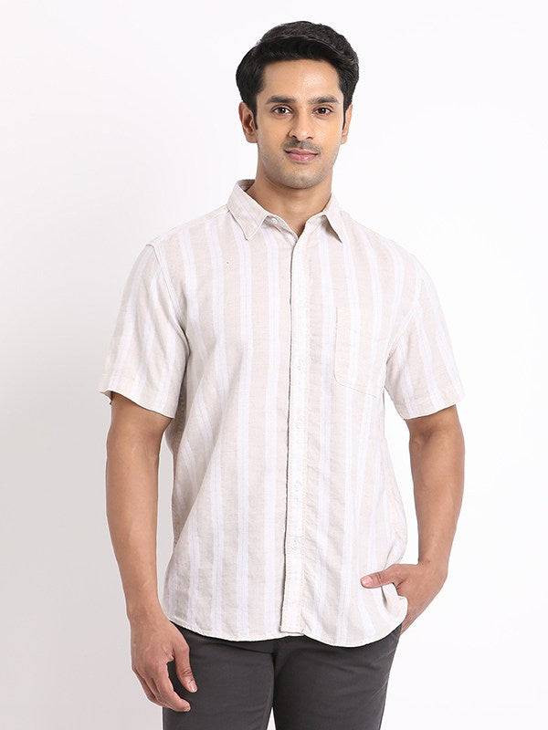 Men Striped Half Sleeve Linen Blend Shirt