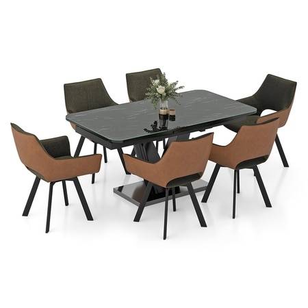 Caribu 6 to 8 Extendable Dining Table Finish-Black marble with Set of 8 Casey Swivel Dining Chair in Dual Tone