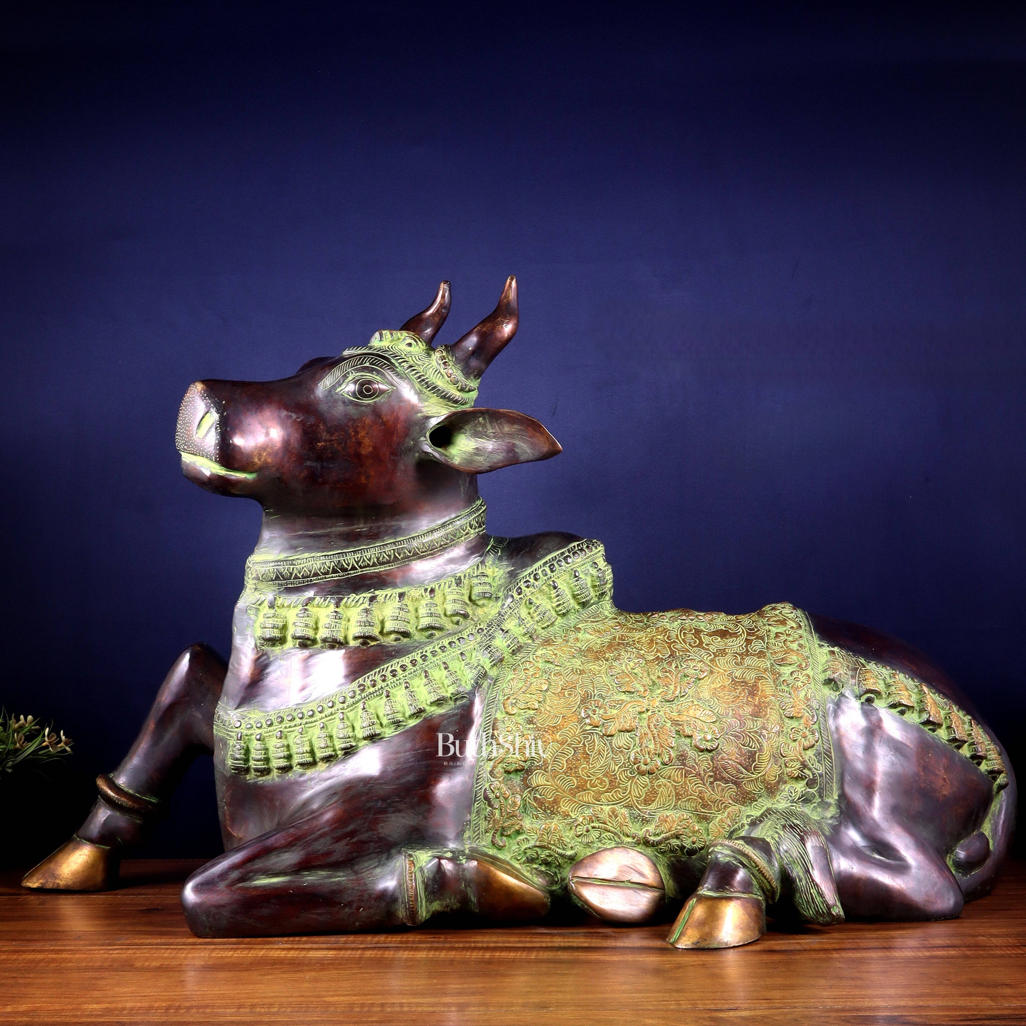 Brass Antique Large Nandi Sculpture | BudhShiv 33" copper and green