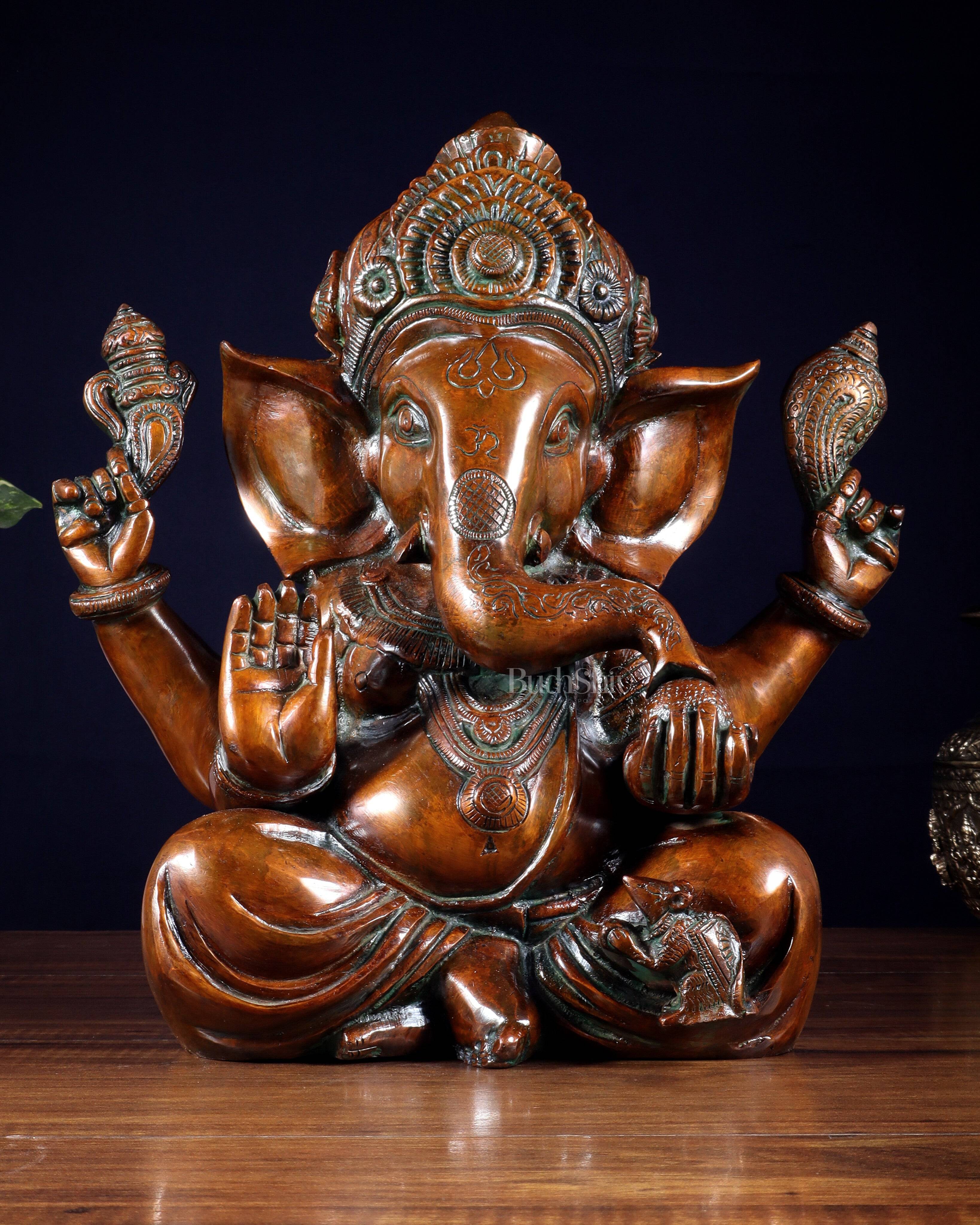 Vintage Brass Crown Ganesha Statue – Sharp Features in Copper Tone Finish 13 inch