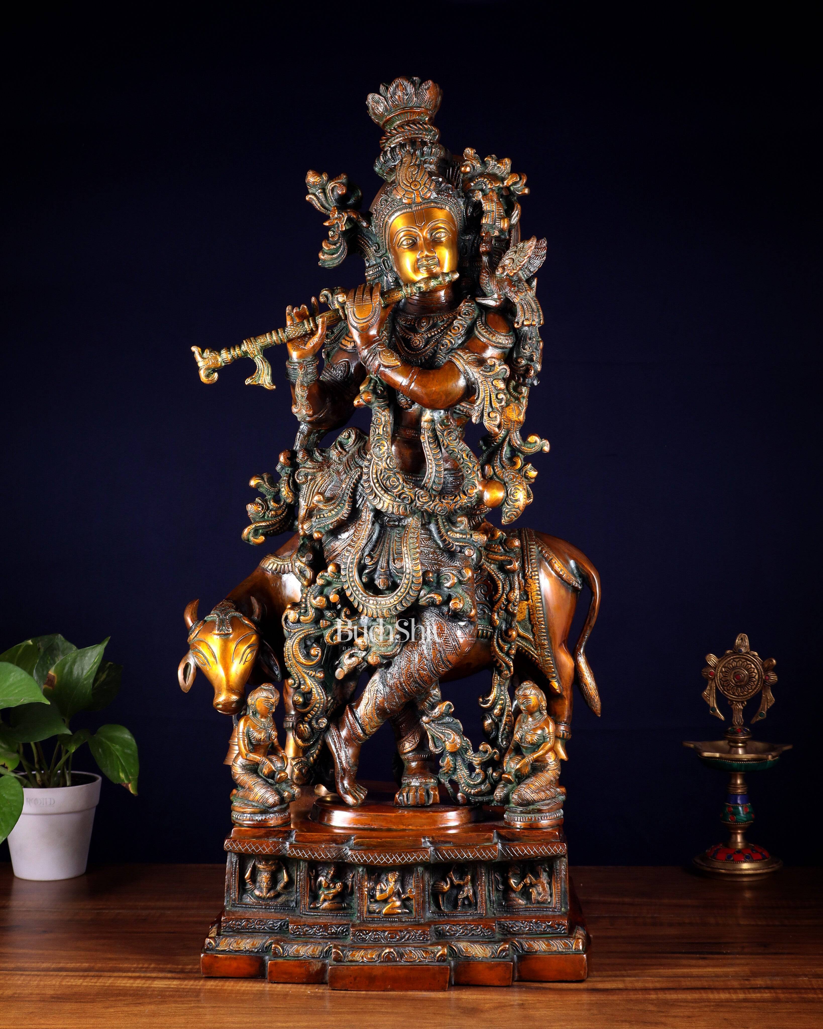 Brass large Krishna with cow statue 28" double chola tone