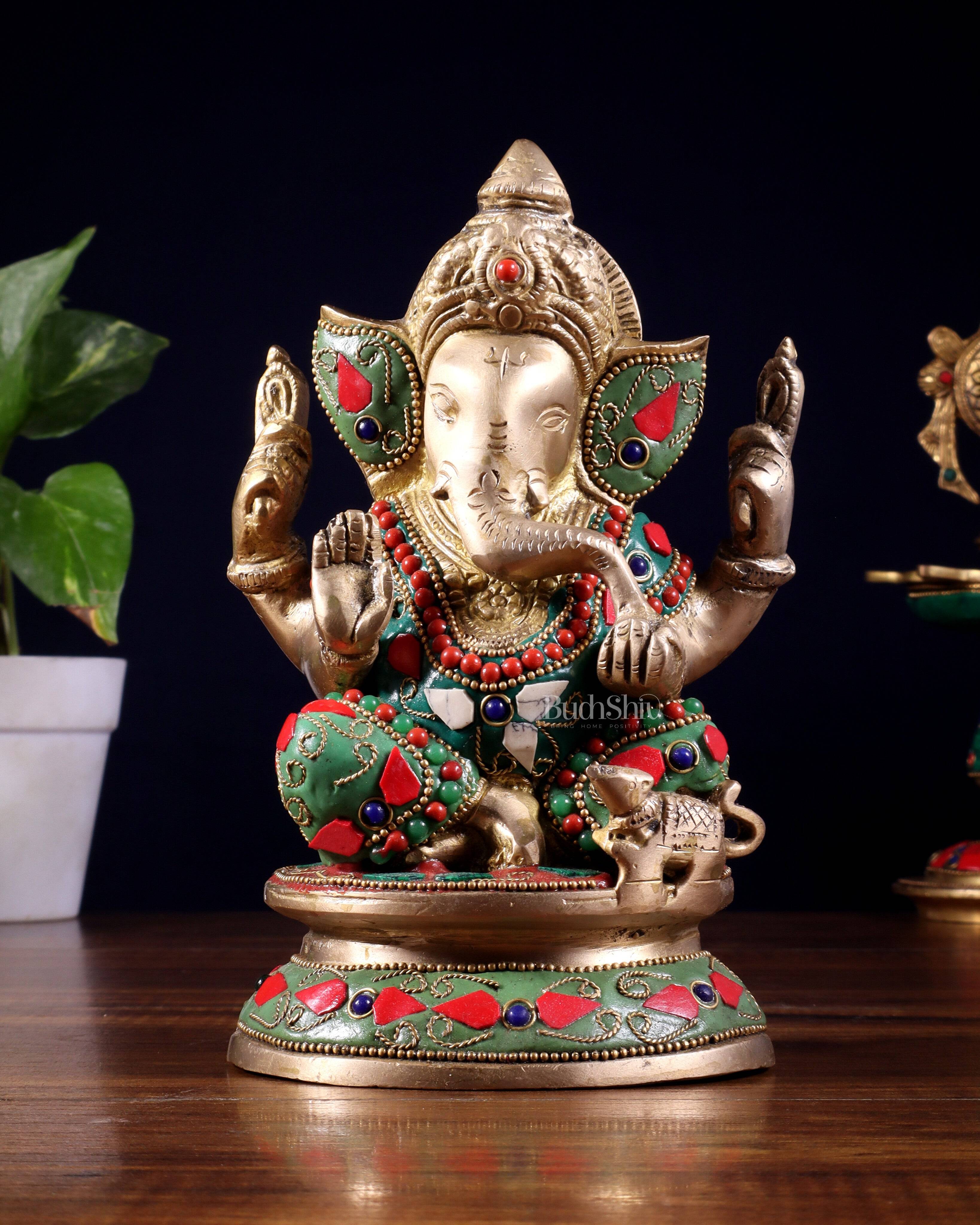 Pure Brass Taj Ganesha Statue with Round Base 7" with stonework