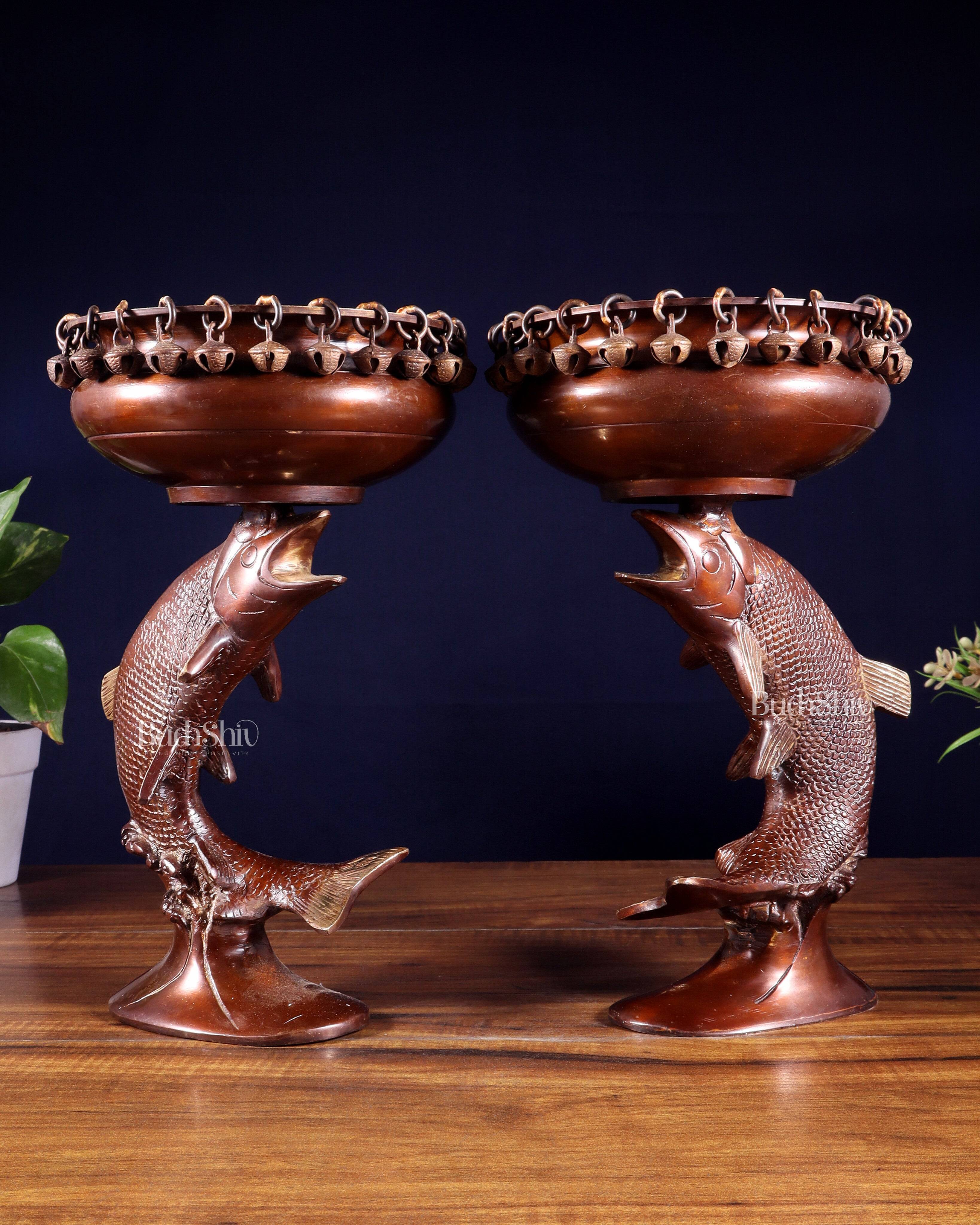Pair of Designer Brass Jumping Dolphin Urli Bowls with Ghungroos | Festive Décor & Auspicious Gifting