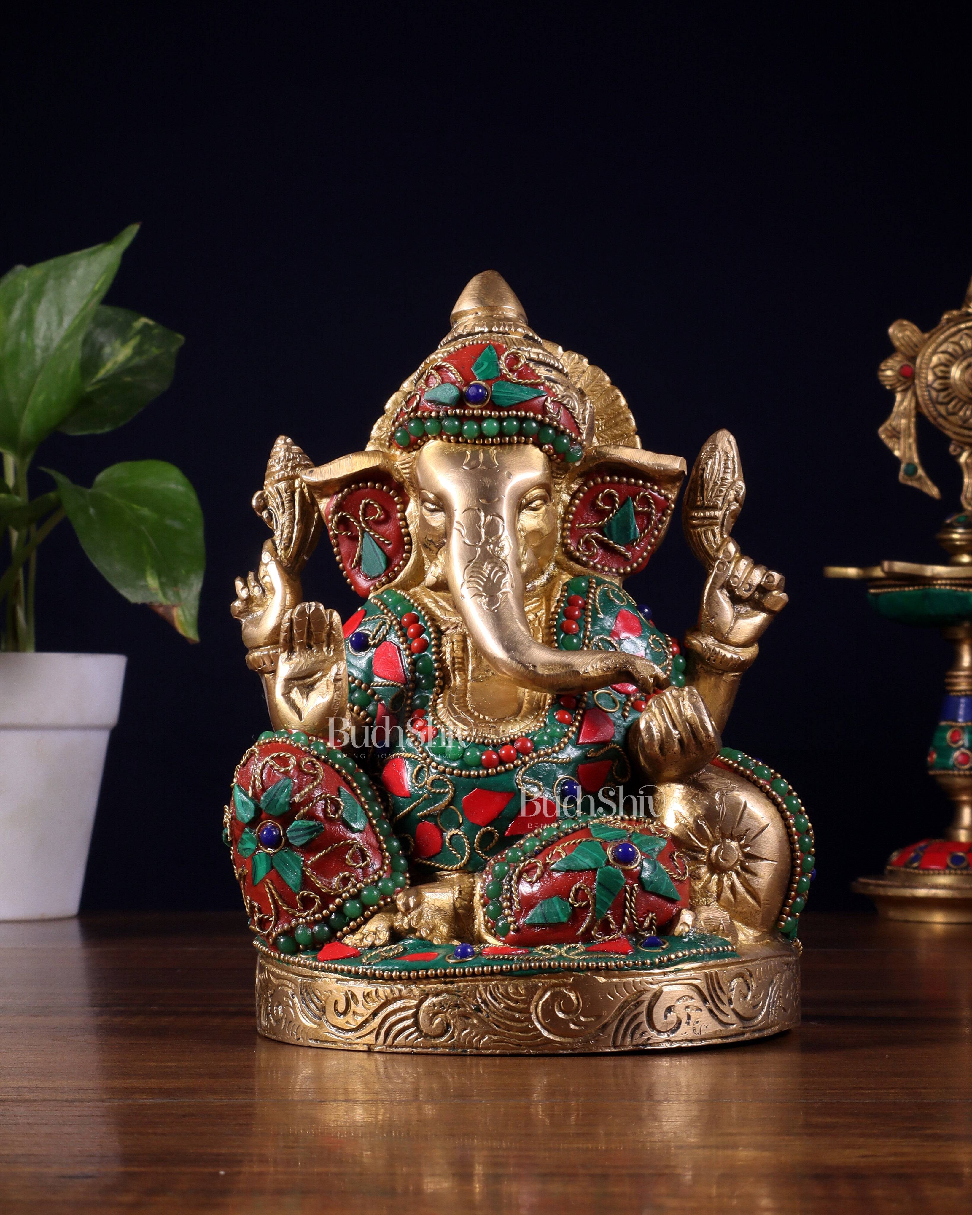 Pure Brass Relaxing Lord Ganesha Statue with Meenakari Stonework 6.5"