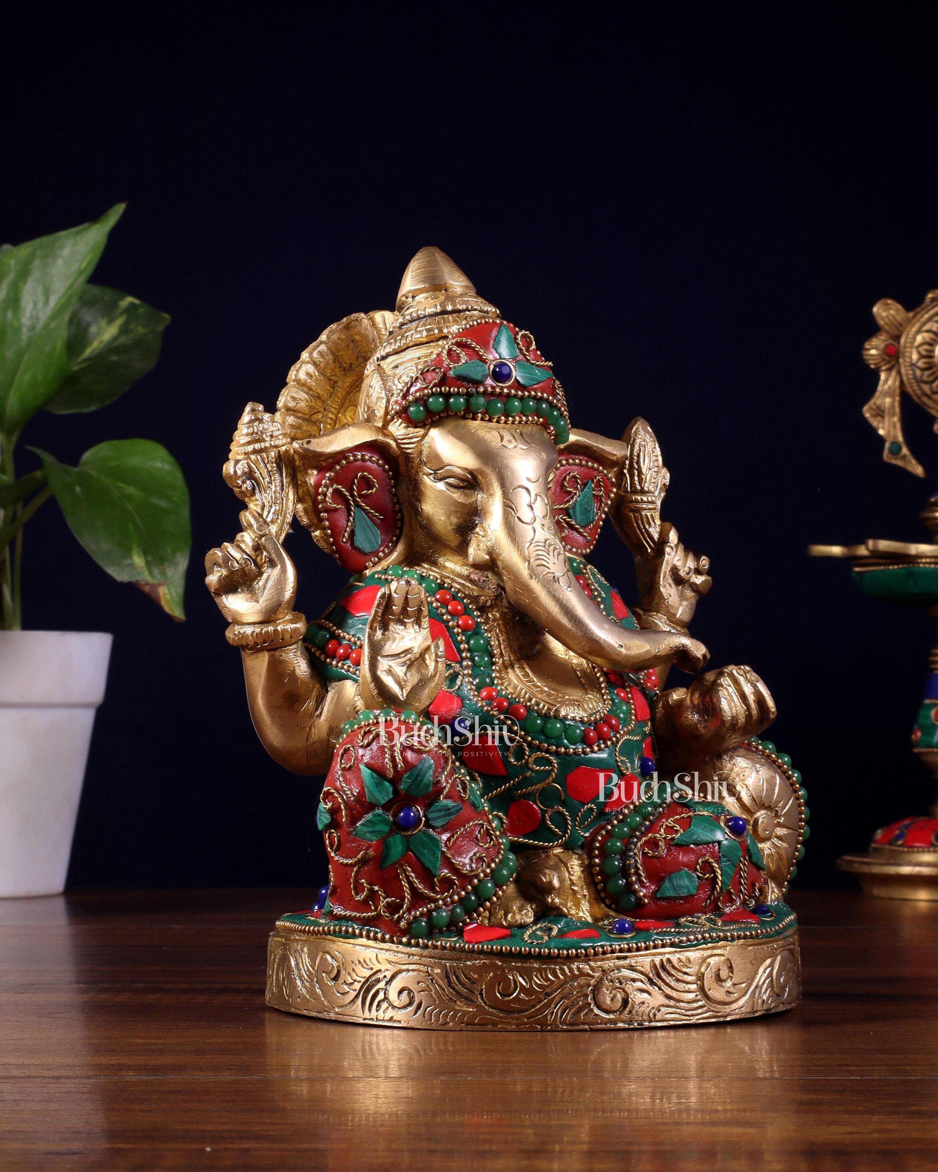 Pure Brass Relaxing Lord Ganesha Statue with Meenakari Stonework 6.5"