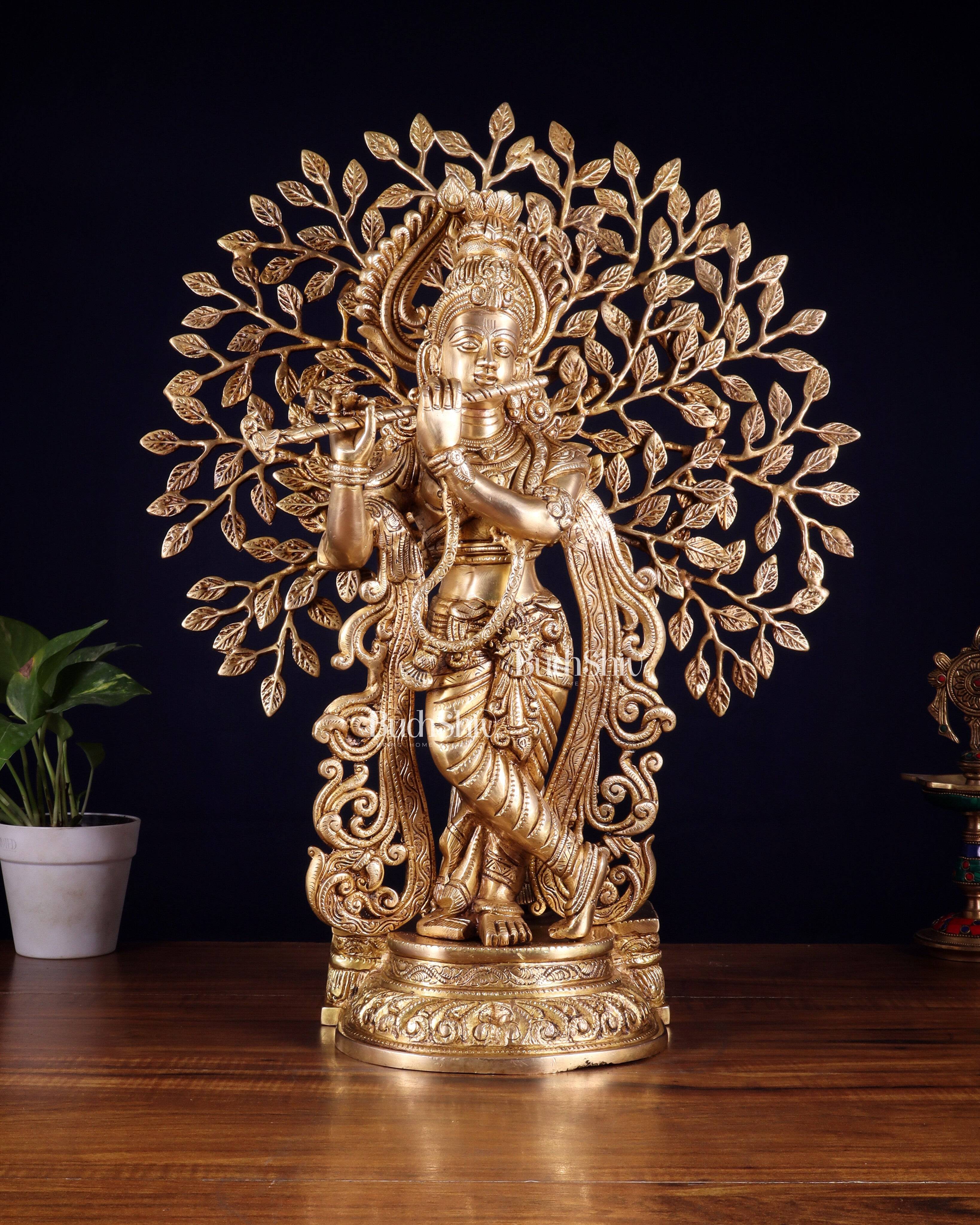 Pure Brass Lord Krishna with Kalpavriksha tree Statue 23"