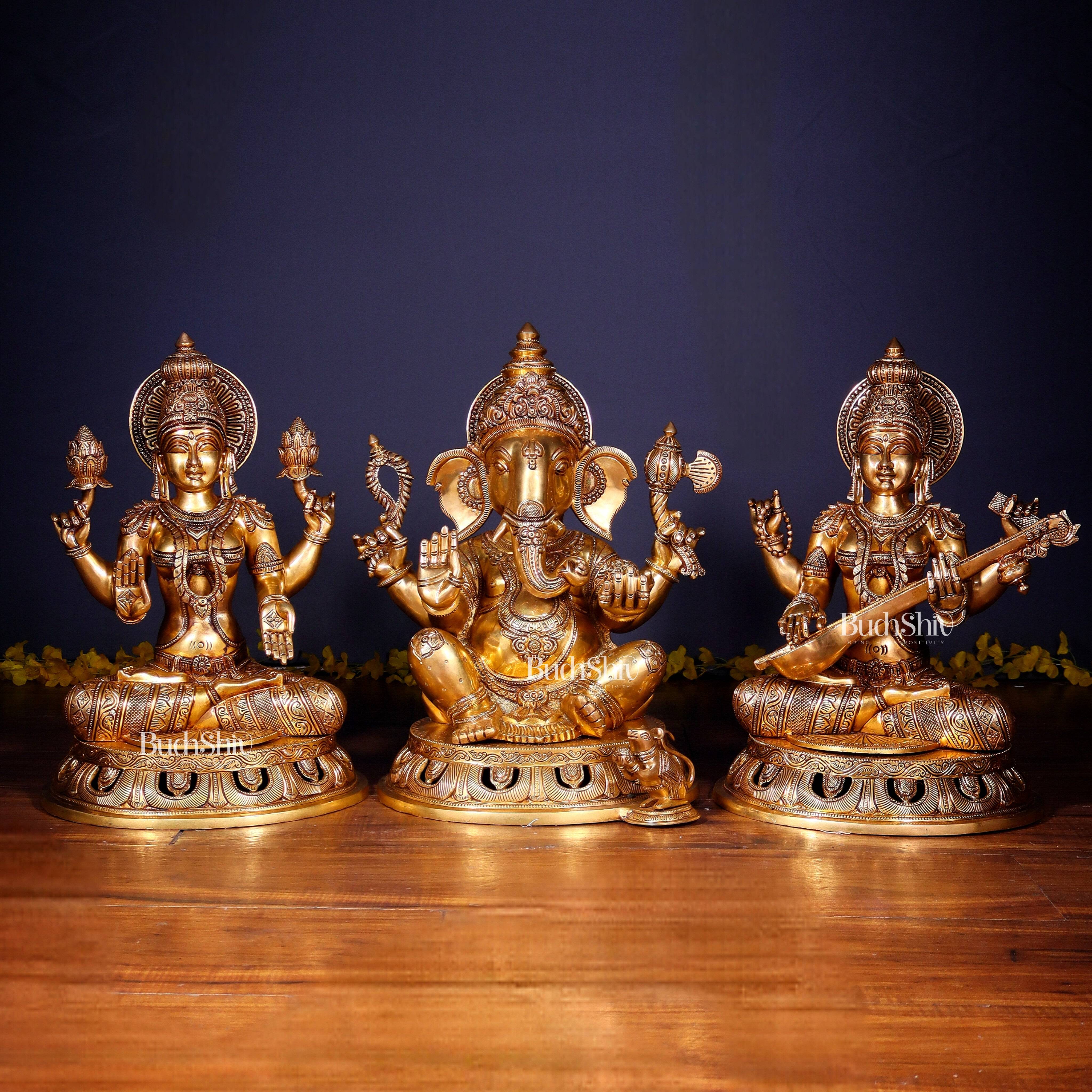 Brass Superfine Ganesh Lakshmi Saraswati Large Idol Set – Intricate Carvings 18" | 55 kg