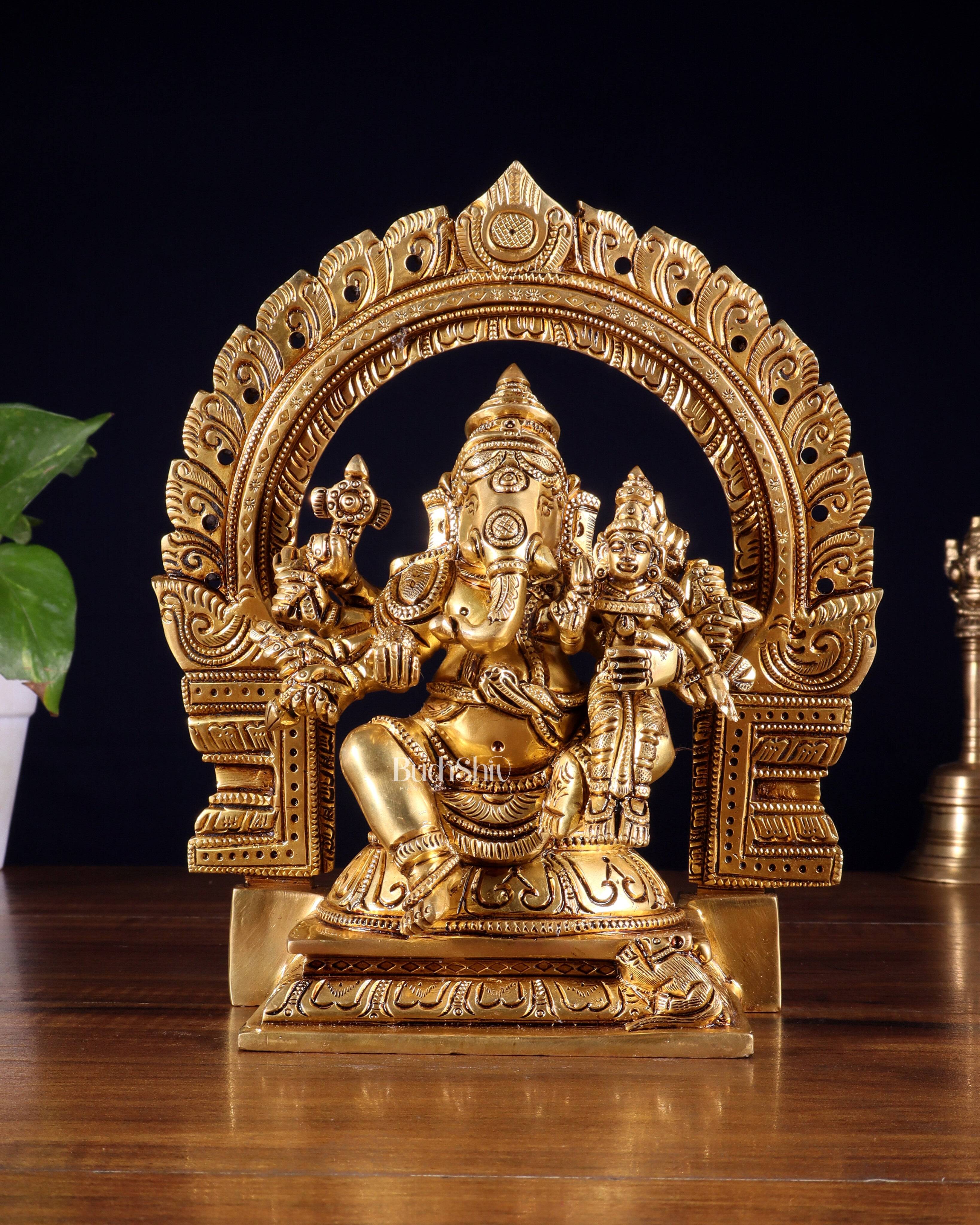 Pure Brass Vallabha Ganesha Mahaganapati Idol with Prabhavali 8.5 inch