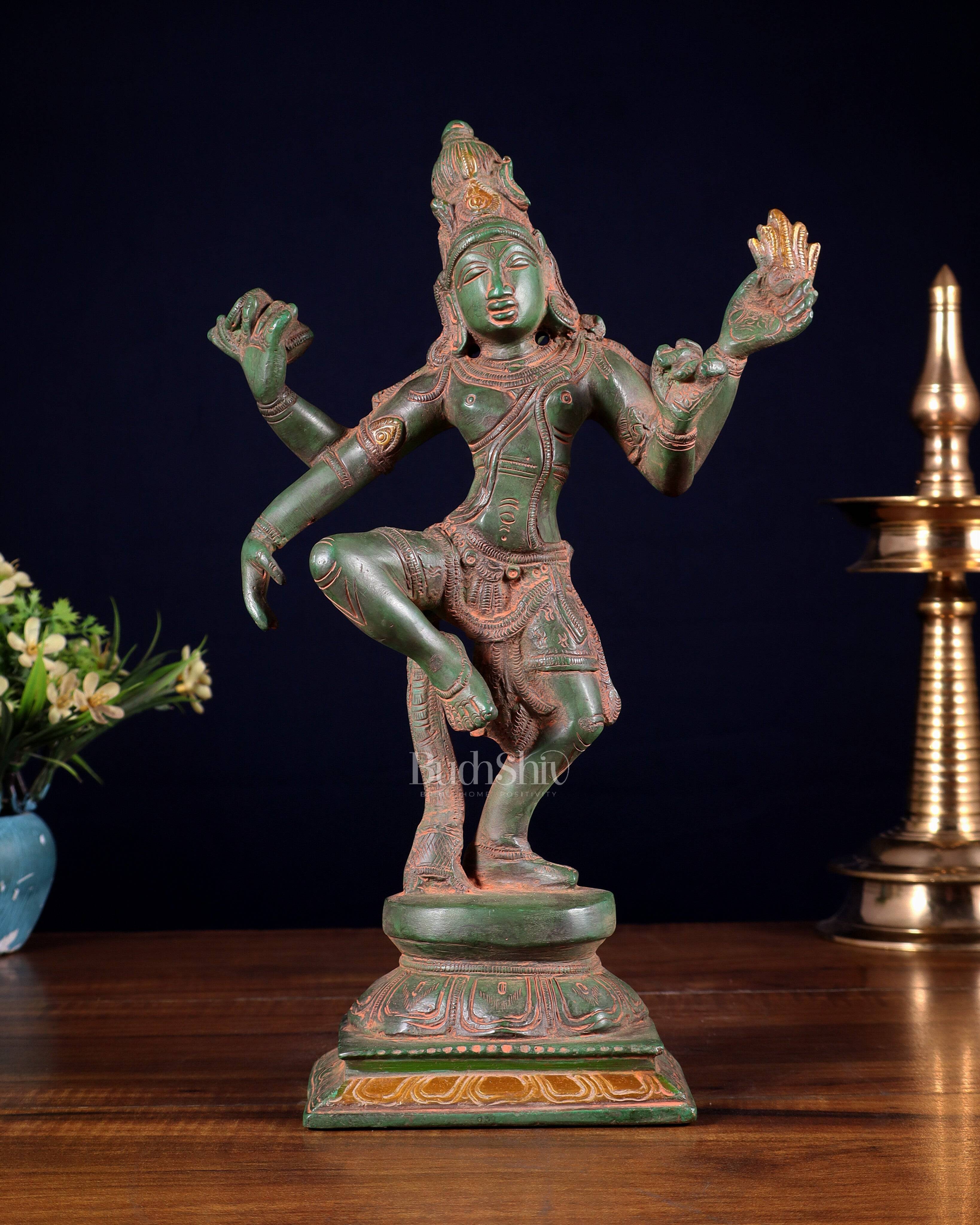 Pure Brass Dancing Shiva Statue – Green Patina & Sand Finish 11.5 inch