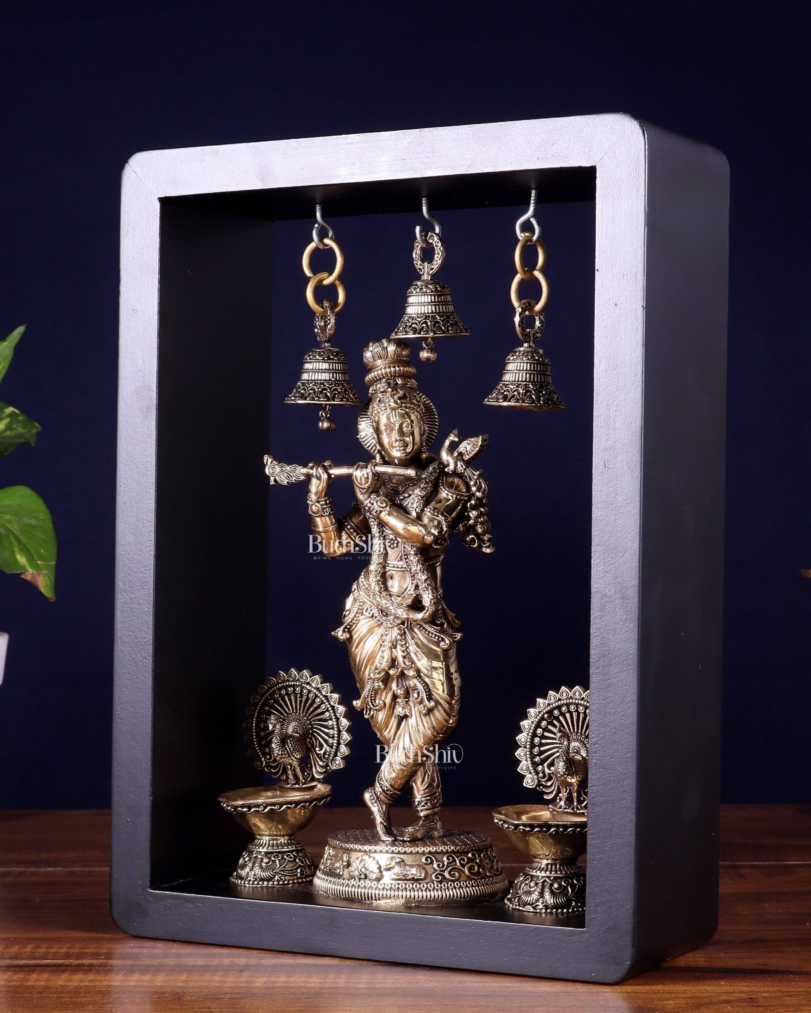Brass Superfine Lord Krishna with Hanging Bells & Peacock Lamps on MDF Panel 11 inch