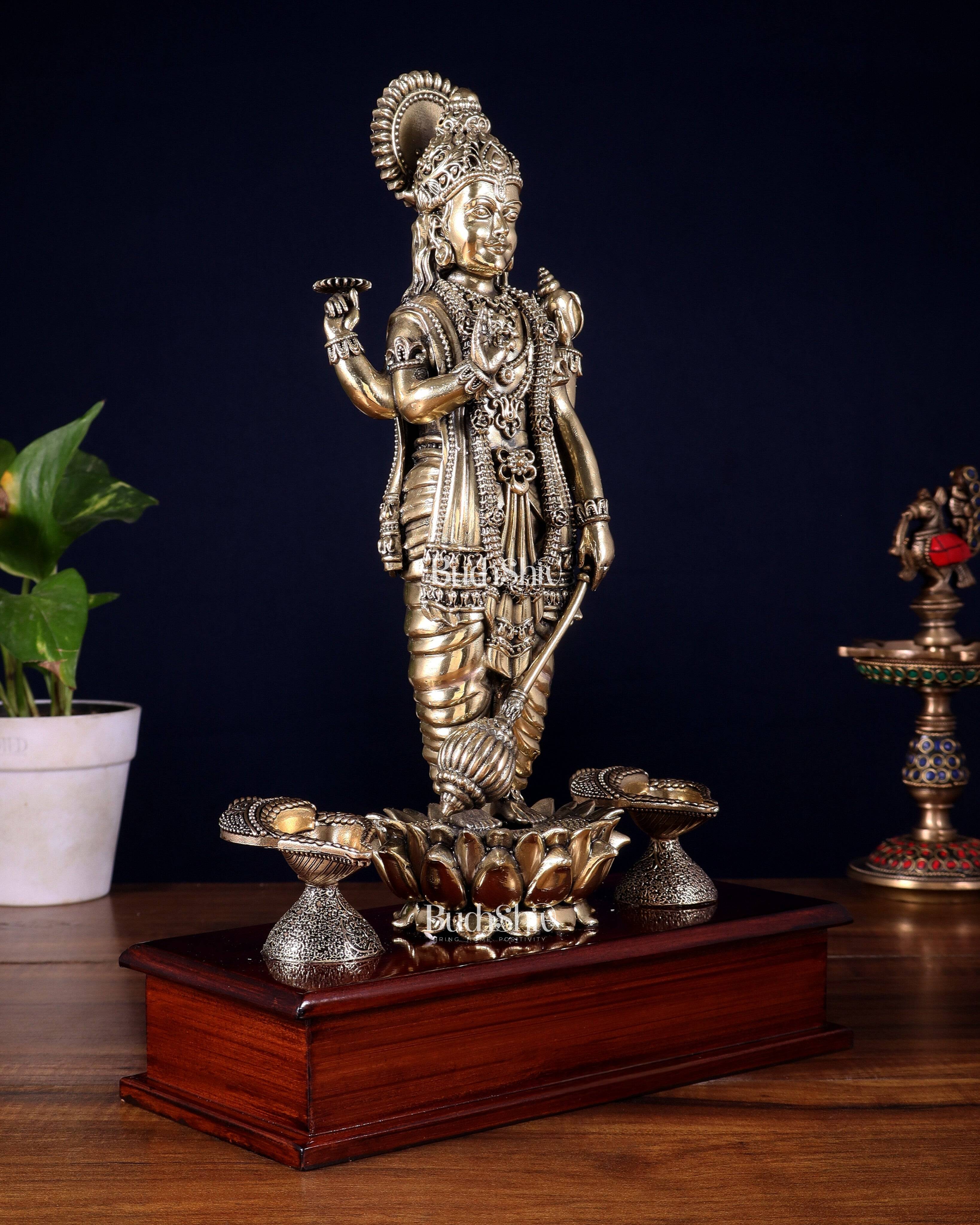 Brass Superfine Lord Vishnu Standing on Wooden Base with Diyas – 13 Inch