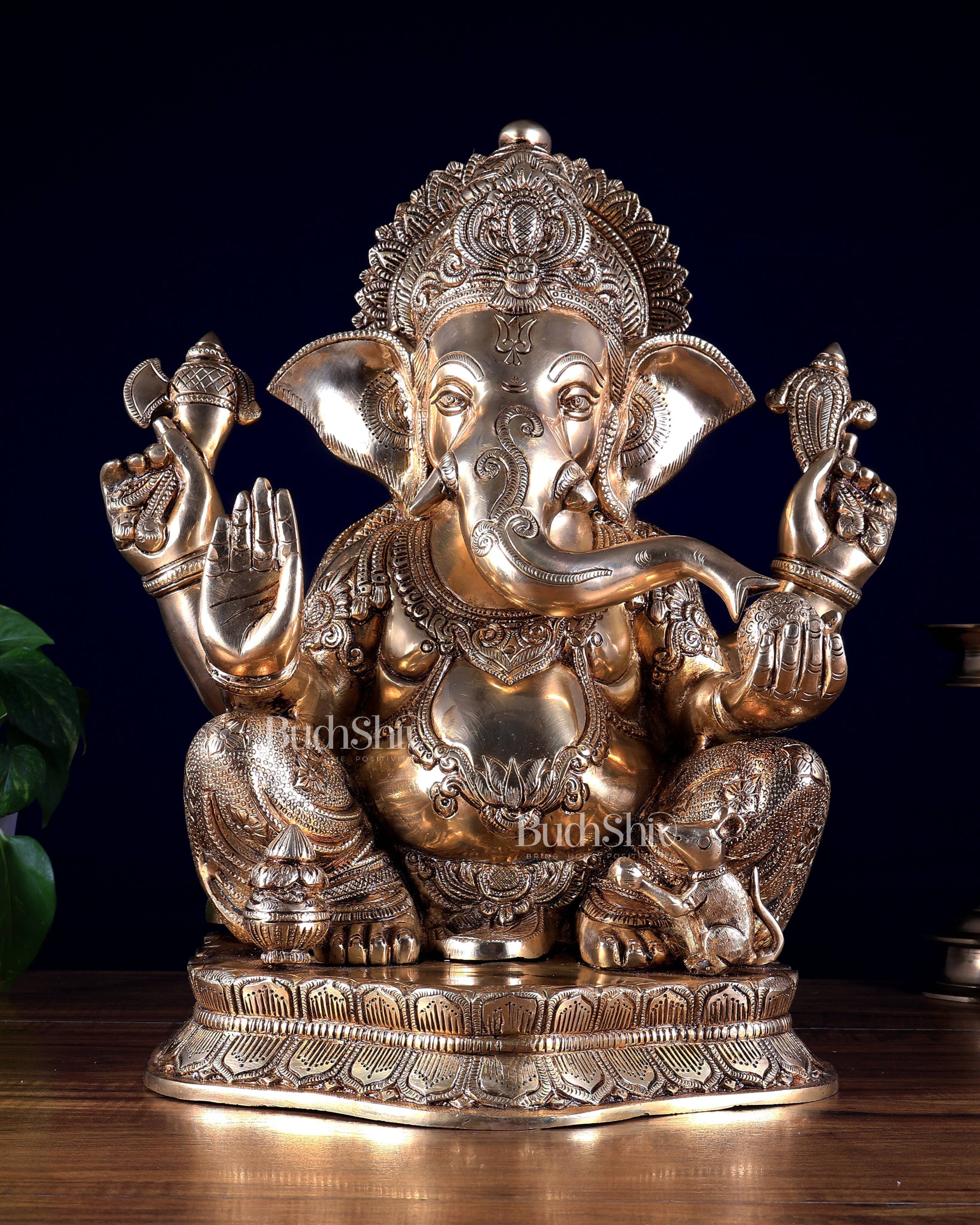 Pure Brass Lord Ganesha Statue with Enhanced Carvings 15.5 inch