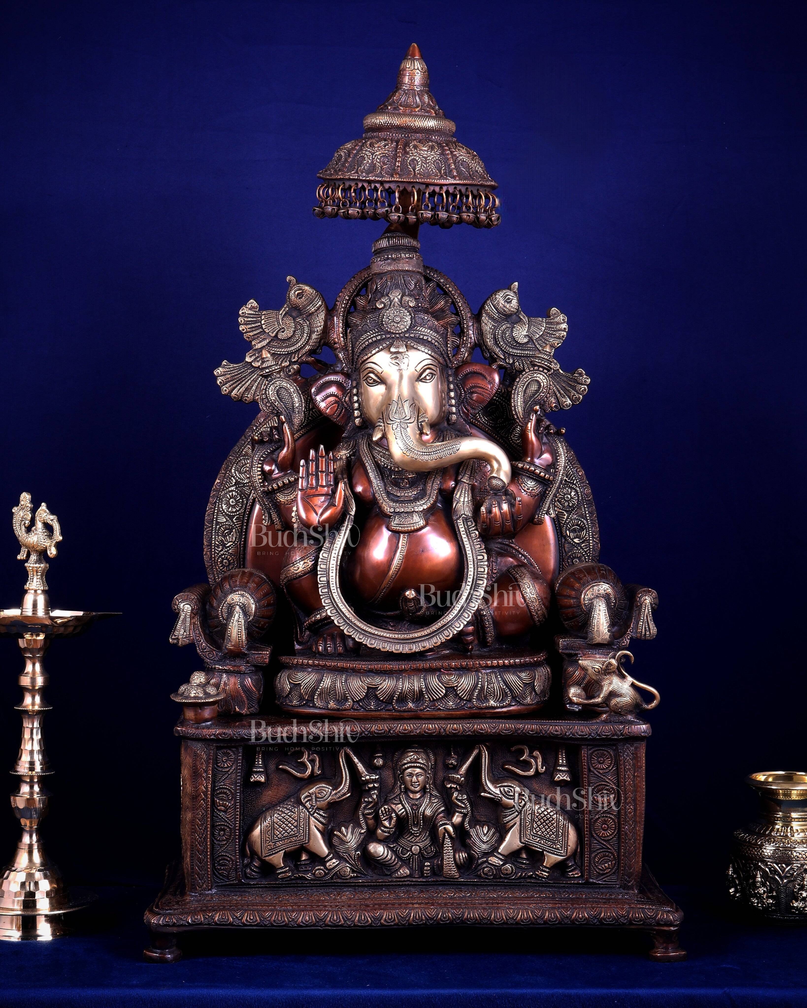 Large Superfine Brass Ganesha Seated on Throne with Gaja Lakshmi Carved Base 34 inch