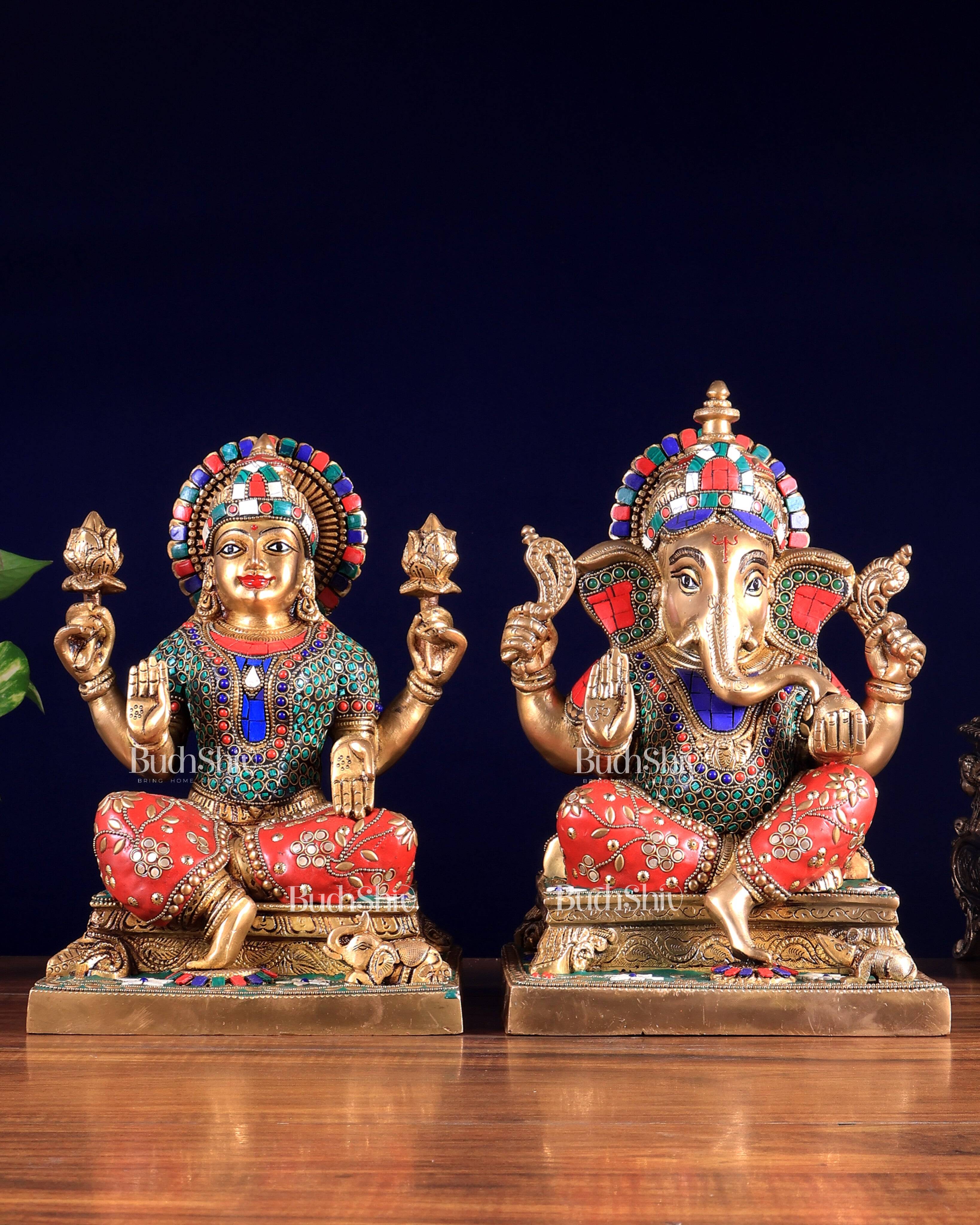 Pure Brass Ganesha Lakshmi idols 12 inch meenakari
