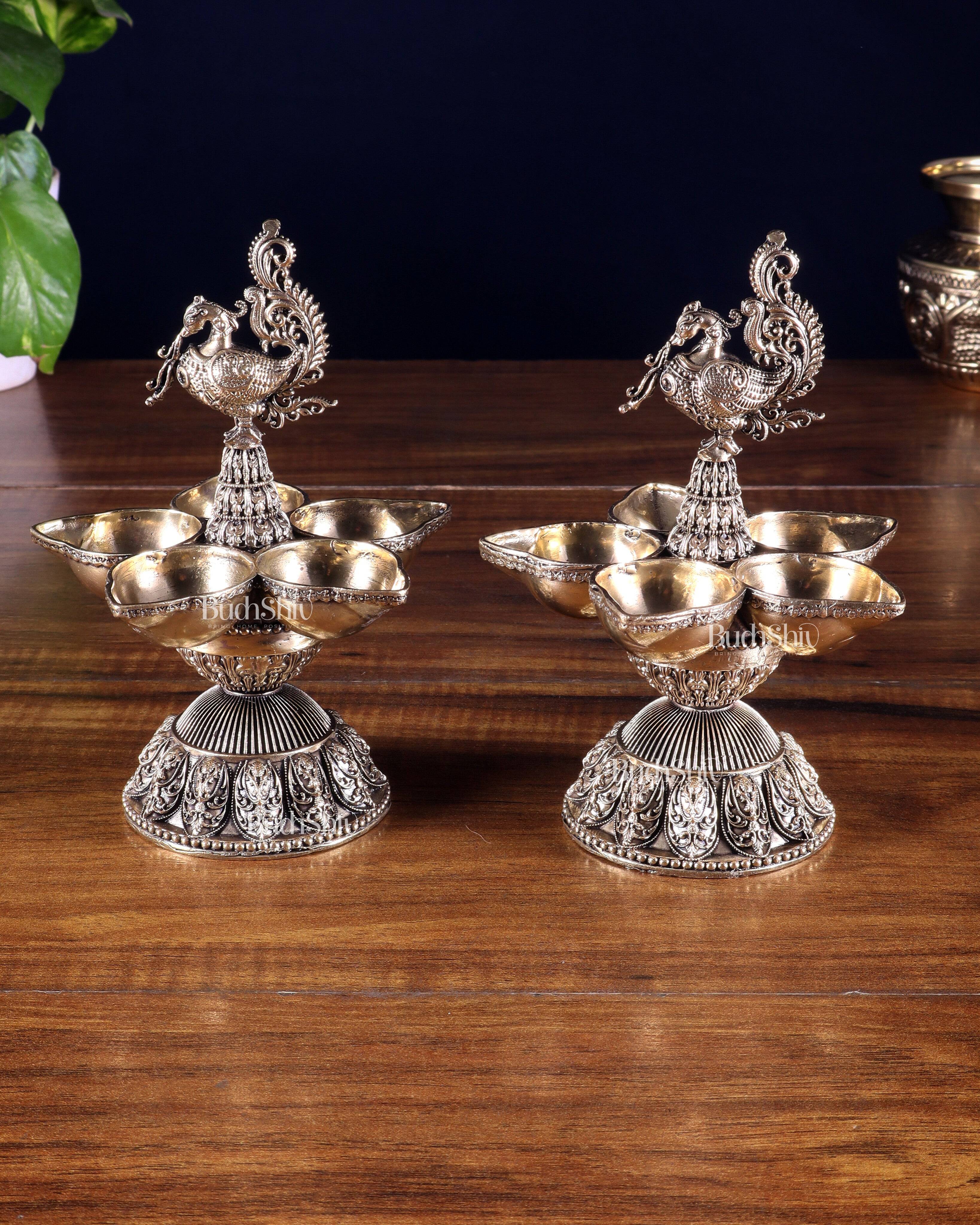 Brass Superfine Annam Lakshmi Peacock Panchdeep Diya | Single & Pair Options