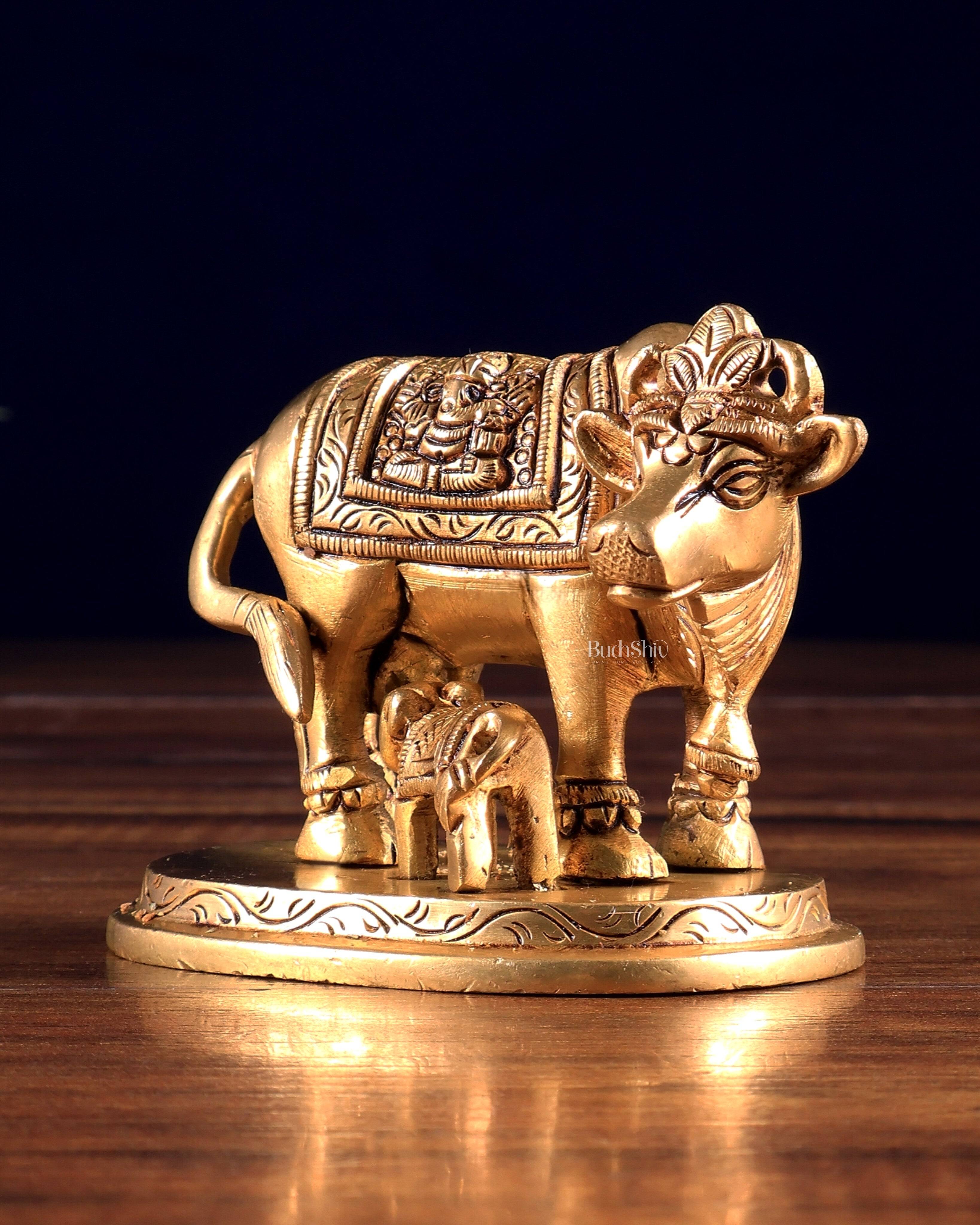 Small Brass kamdhenu Cow with Calf Idol 3"