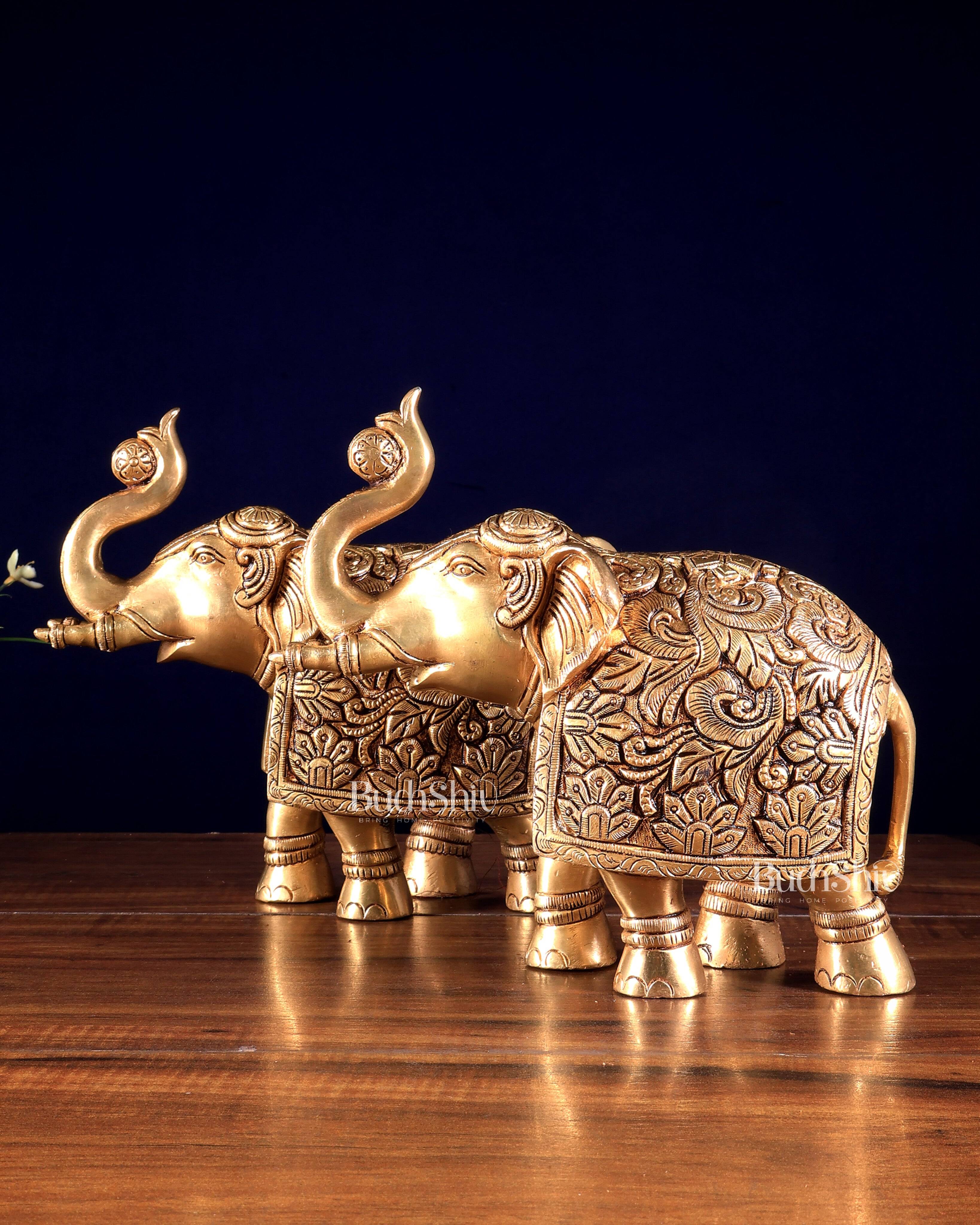 Brass Engraved elephant Statue table accent 7" pair