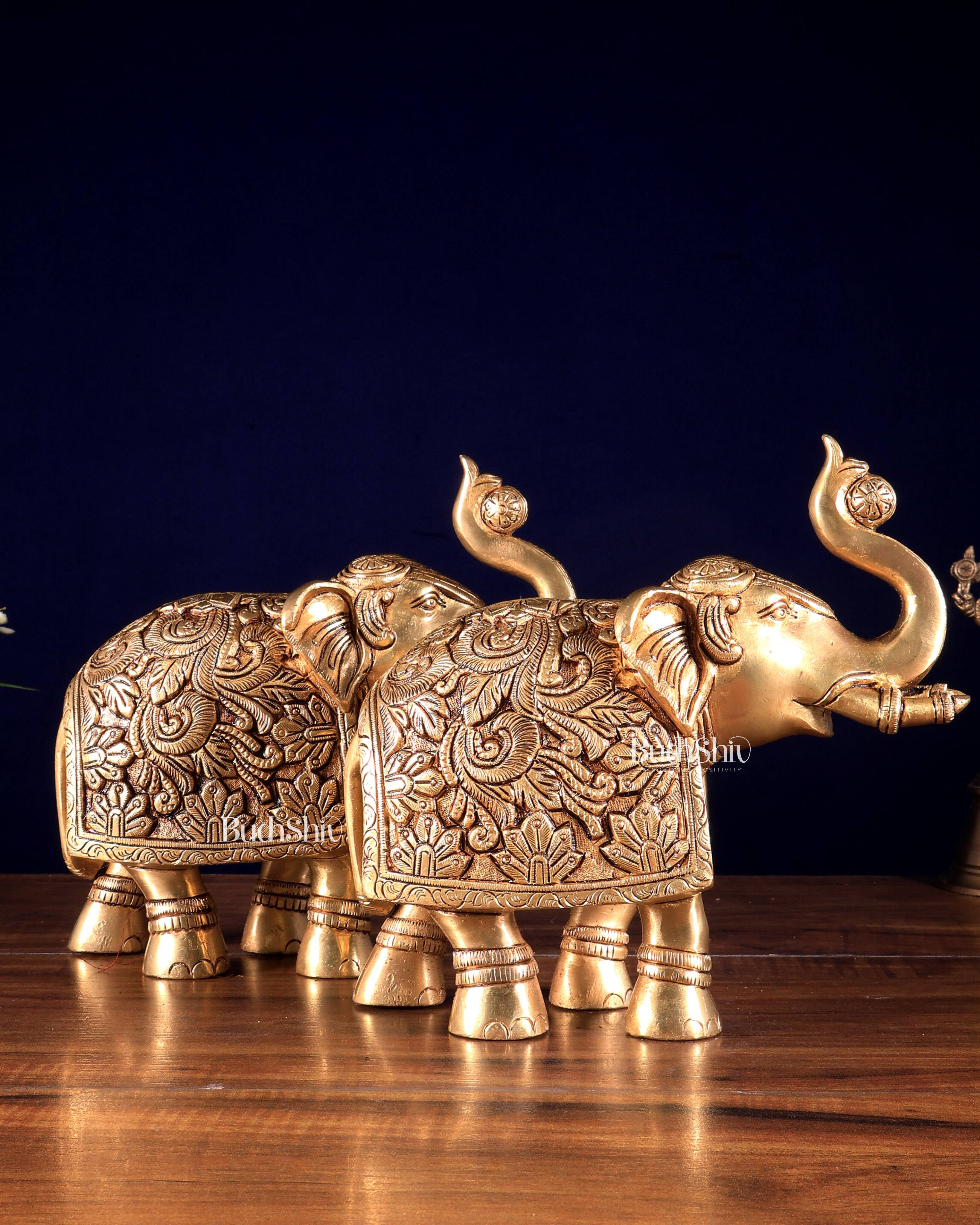 Brass Engraved elephant Statue table accent 7" pair