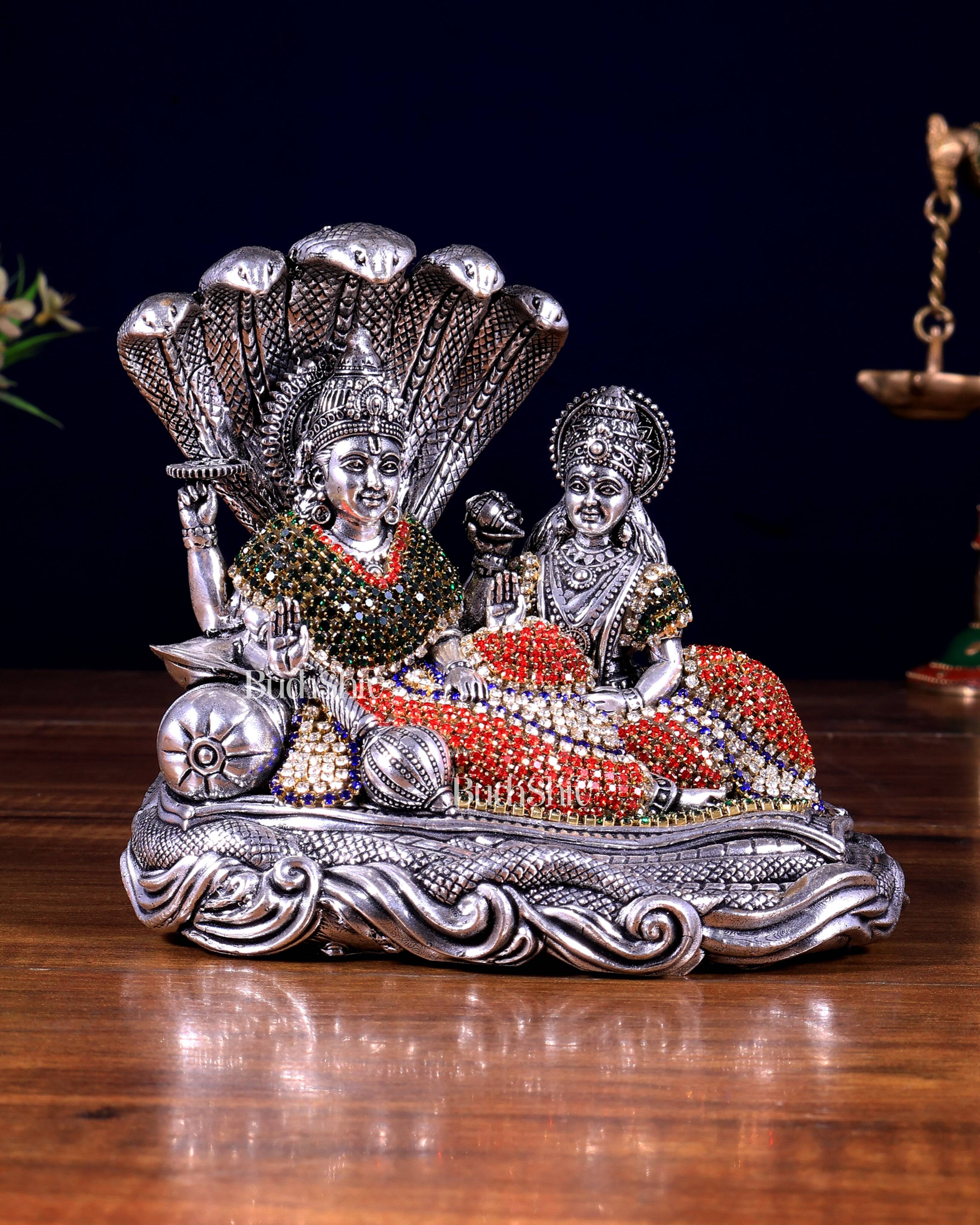 Superfine Brass Lakshmi Narayana Vishnu silver plated Idol with jewellery work