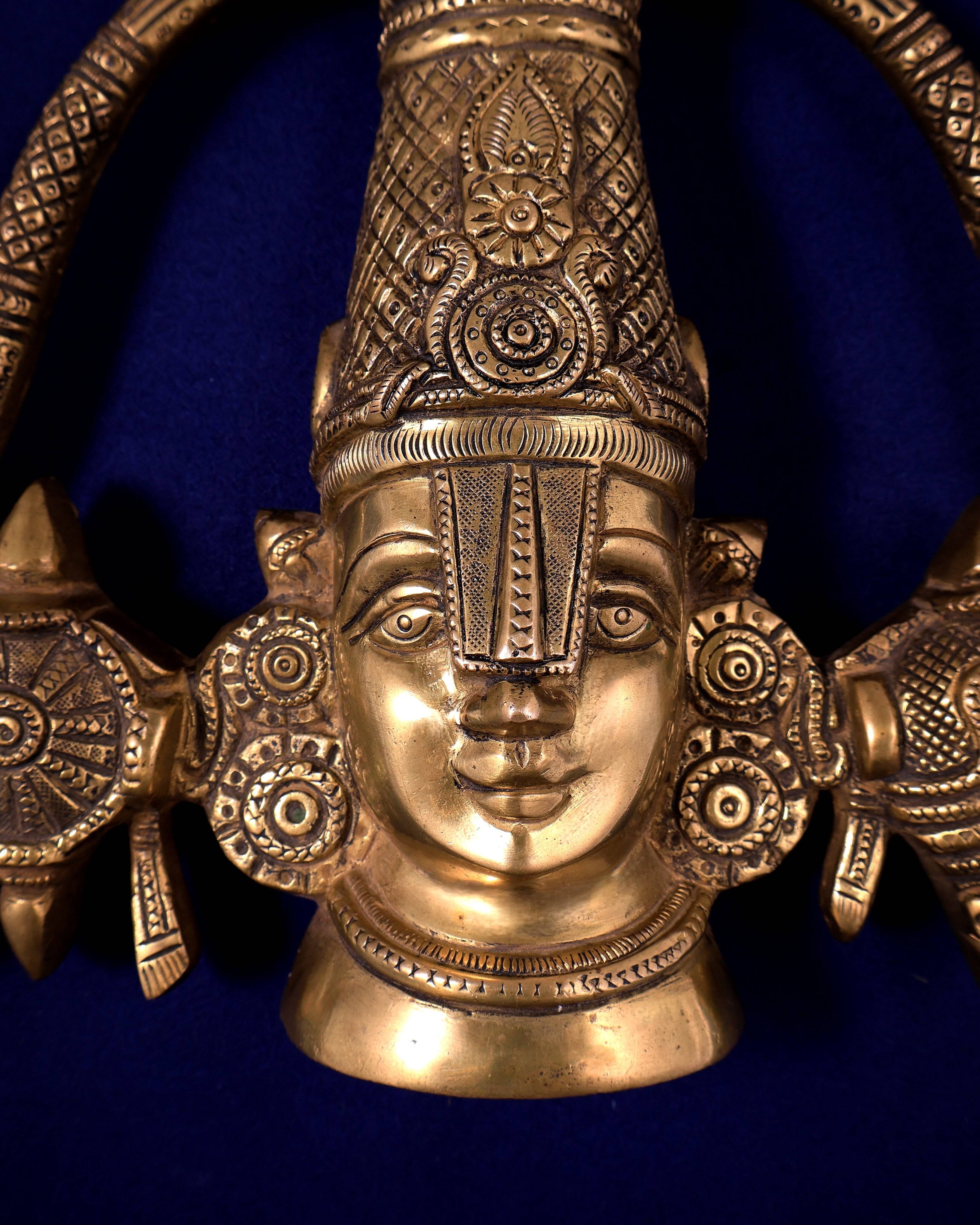 Brass Tirupati Balaji Face Wall Hanging Golden Shankh and Chakra