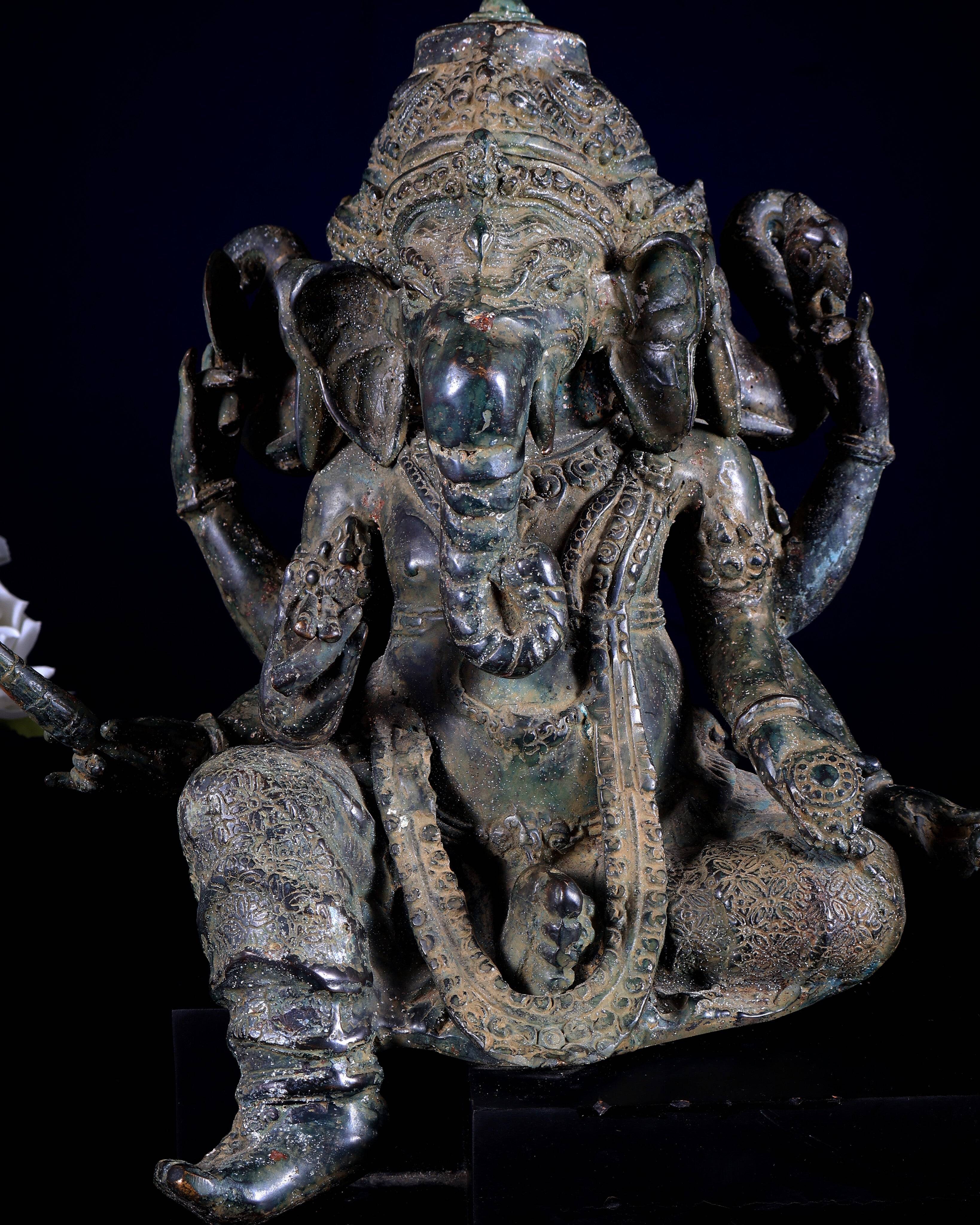Vintage Indonesian Bronze Three-Faced Lord Ganesha Statue 12"