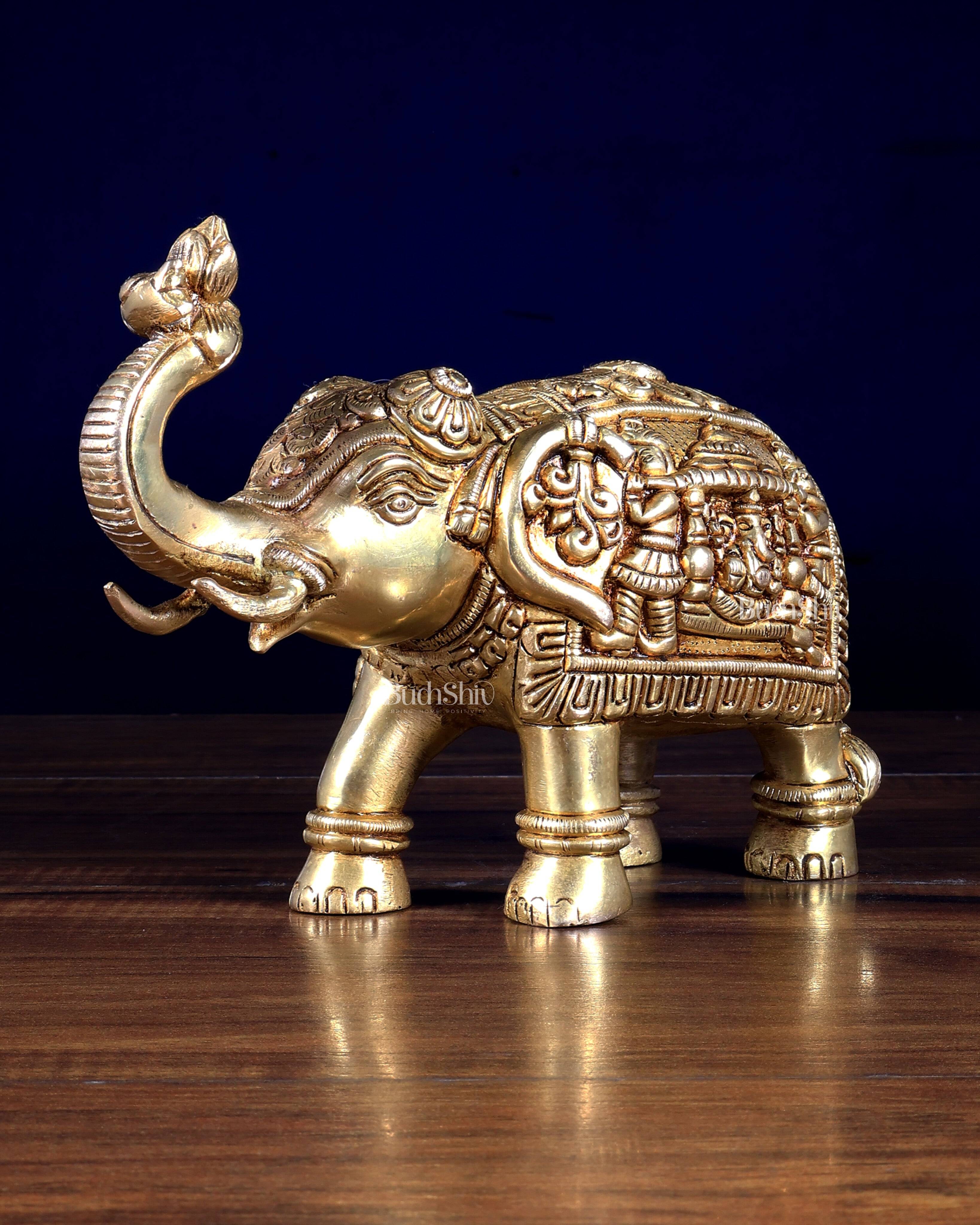 Pure Brass Elephant Statue with Unique Carvings & Design 9.5"