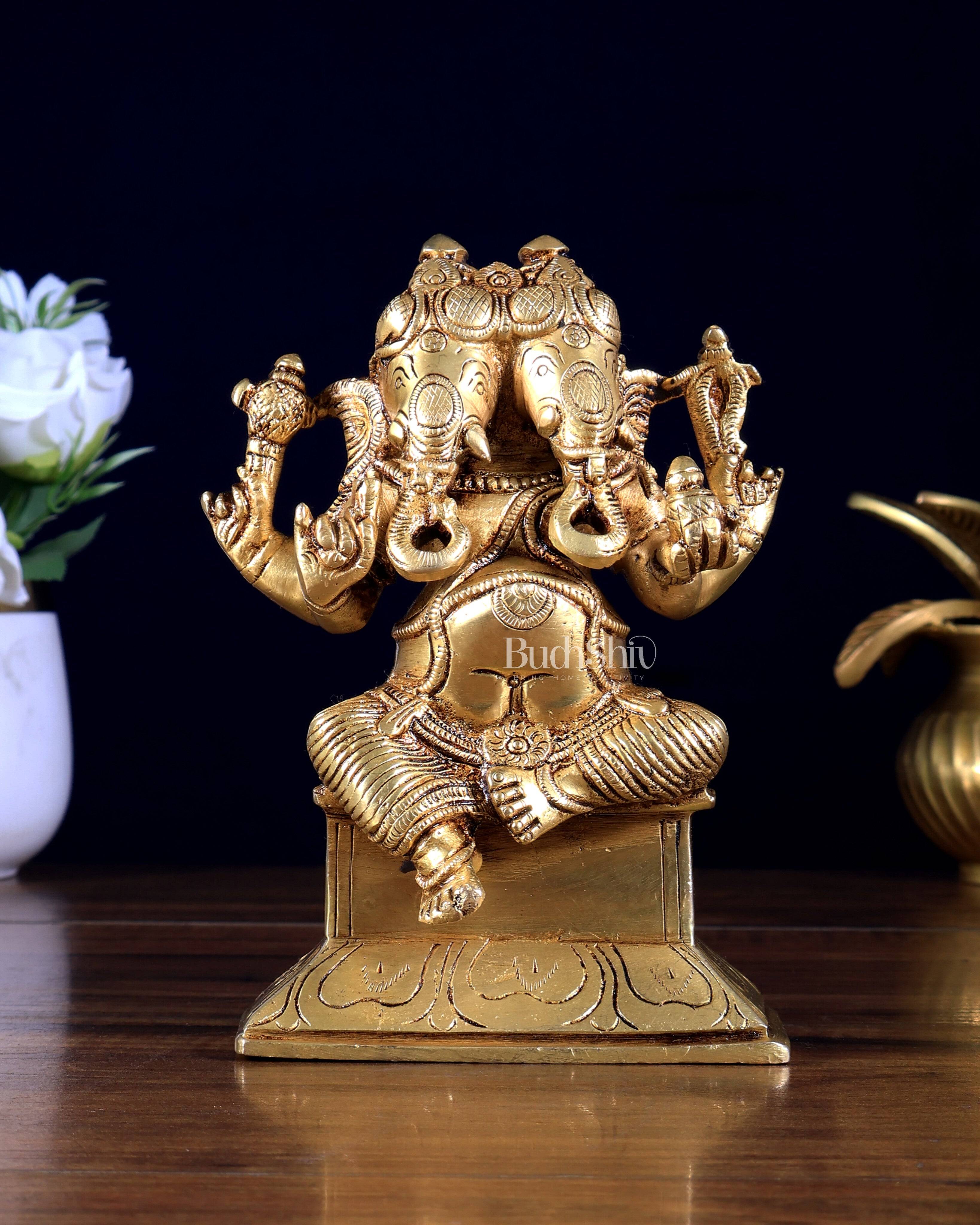Brass Two faced Ganesha idol Dvimukha 6"