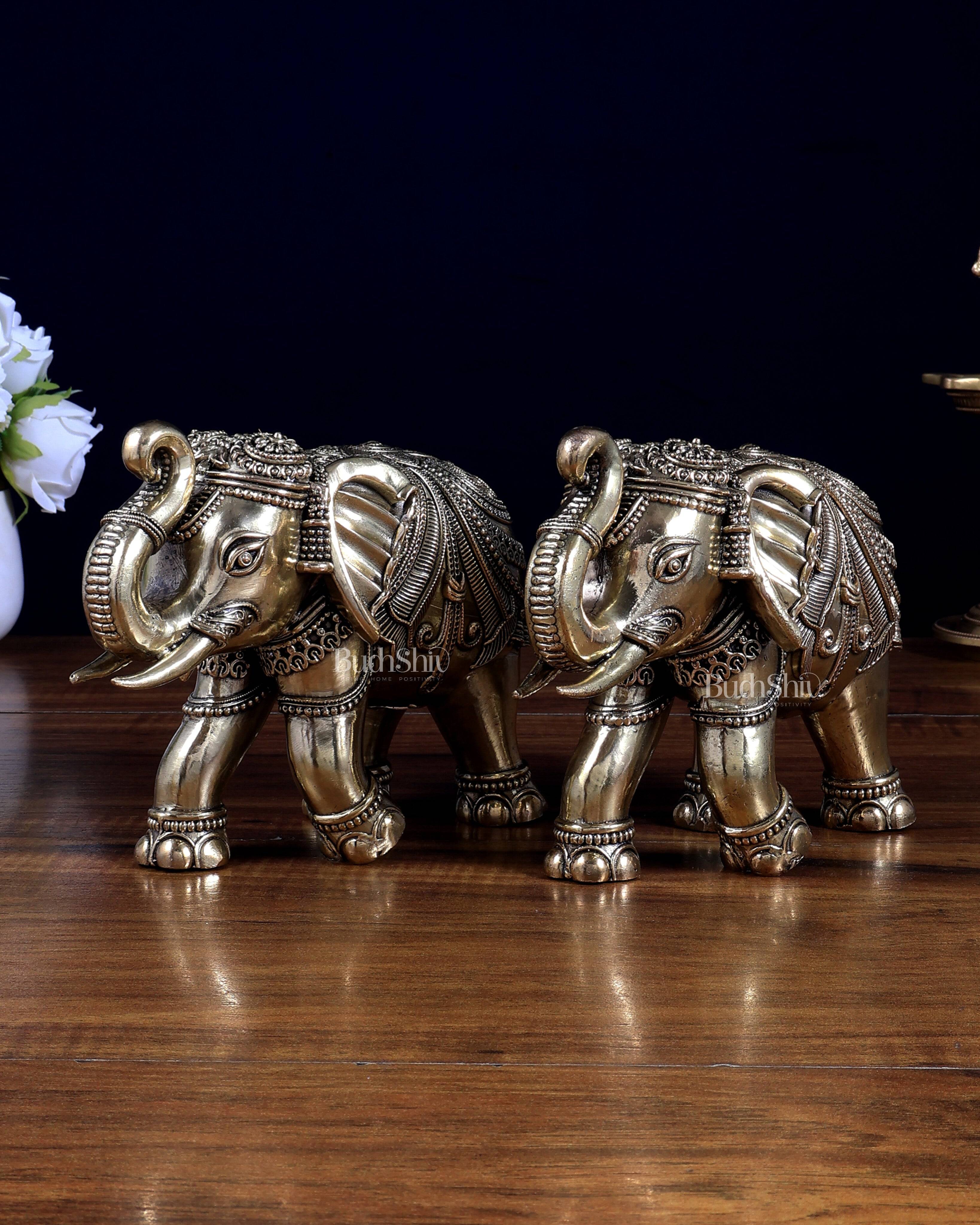 Brass Superfine Intricately Carved Elephant Statue 6.5 inch pair